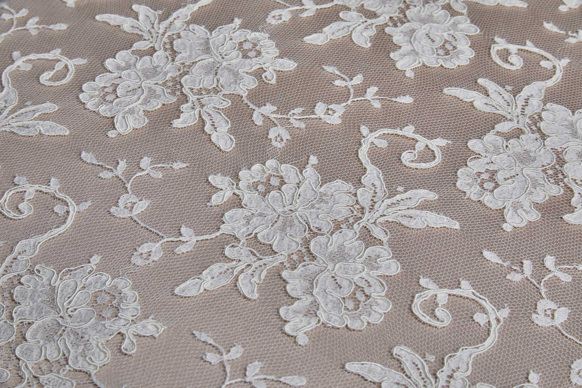 Corded Leavers Lace - Scroll Border - Ivory Double Scallop fabric, image 8 of 16
