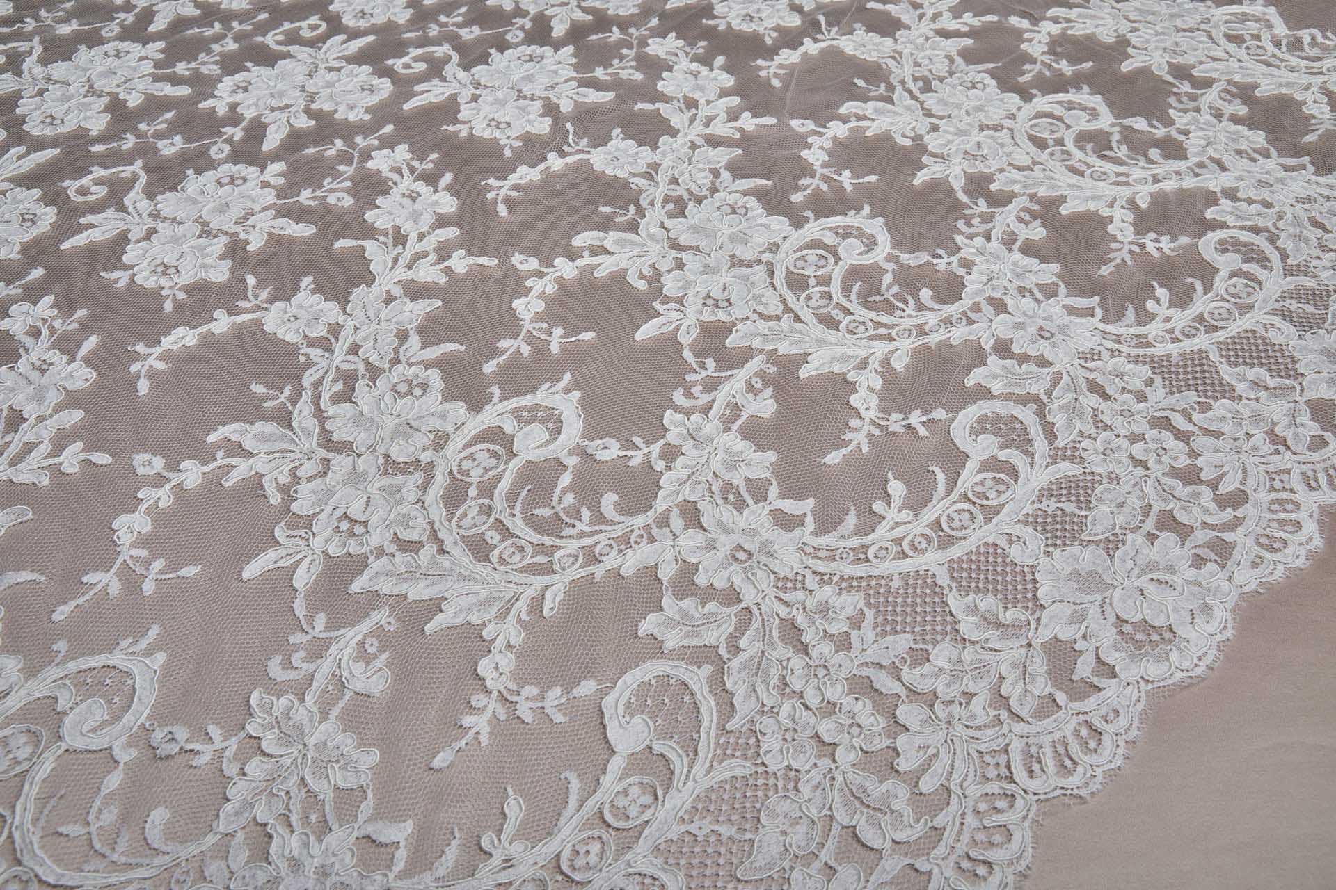Corded Leavers Lace - Scroll Border - Ivory Double Scallop fabric, image 9 of 16