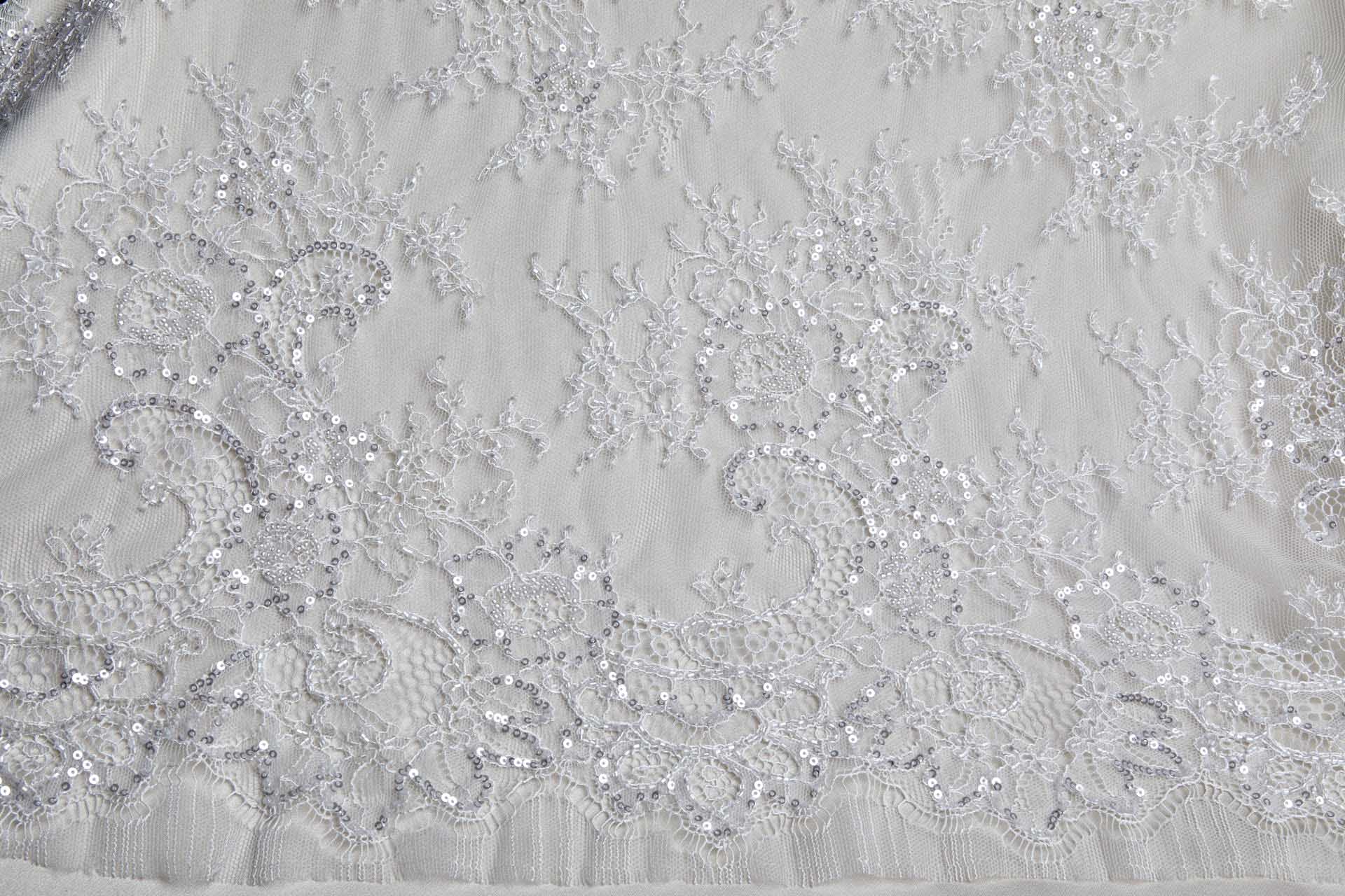 Beaded and Sequinned Chantilly Lace Double Border in Pale Ivory fabric, image 10 of 14