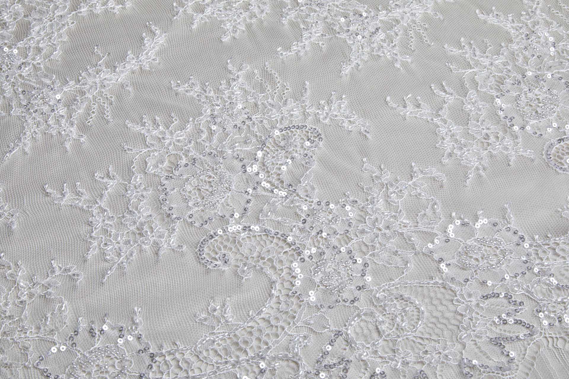 Beaded and Sequinned Chantilly Lace Double Border in Pale Ivory fabric, image 3 of 14