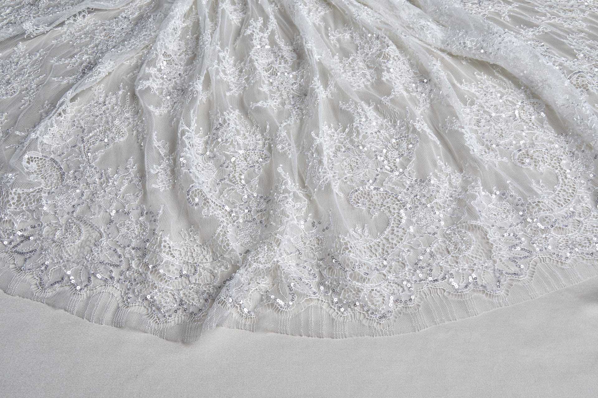 Beaded and Sequinned Chantilly Lace Double Border in Pale Ivory fabric, image 4 of 14