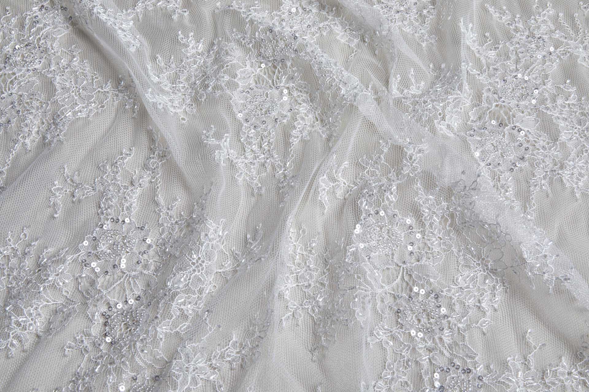 Beaded and Sequinned Chantilly Lace Double Border in Pale Ivory fabric, image 5 of 14