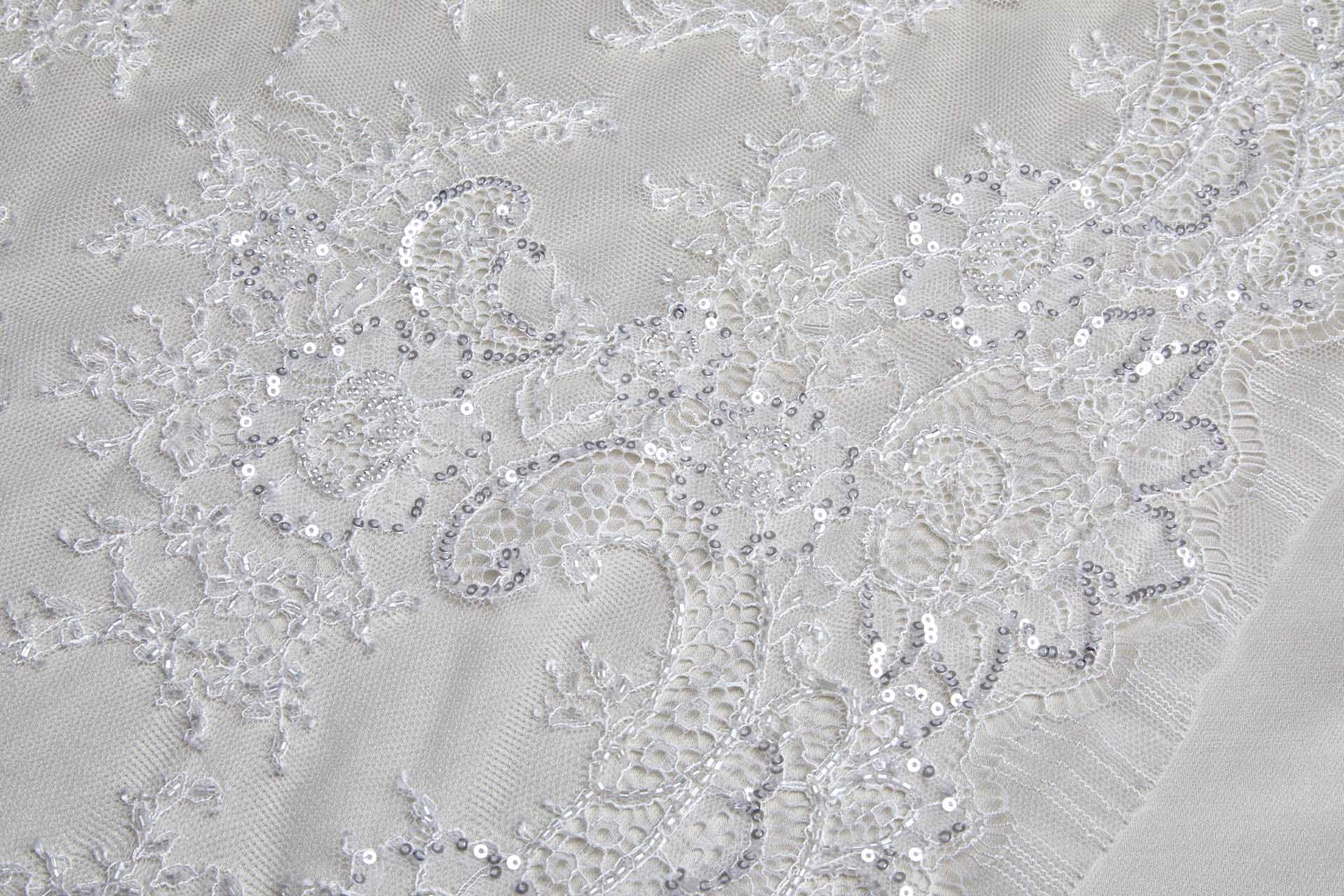 Beaded and Sequinned Chantilly Lace Double Border in Pale Ivory fabric, image 6 of 14
