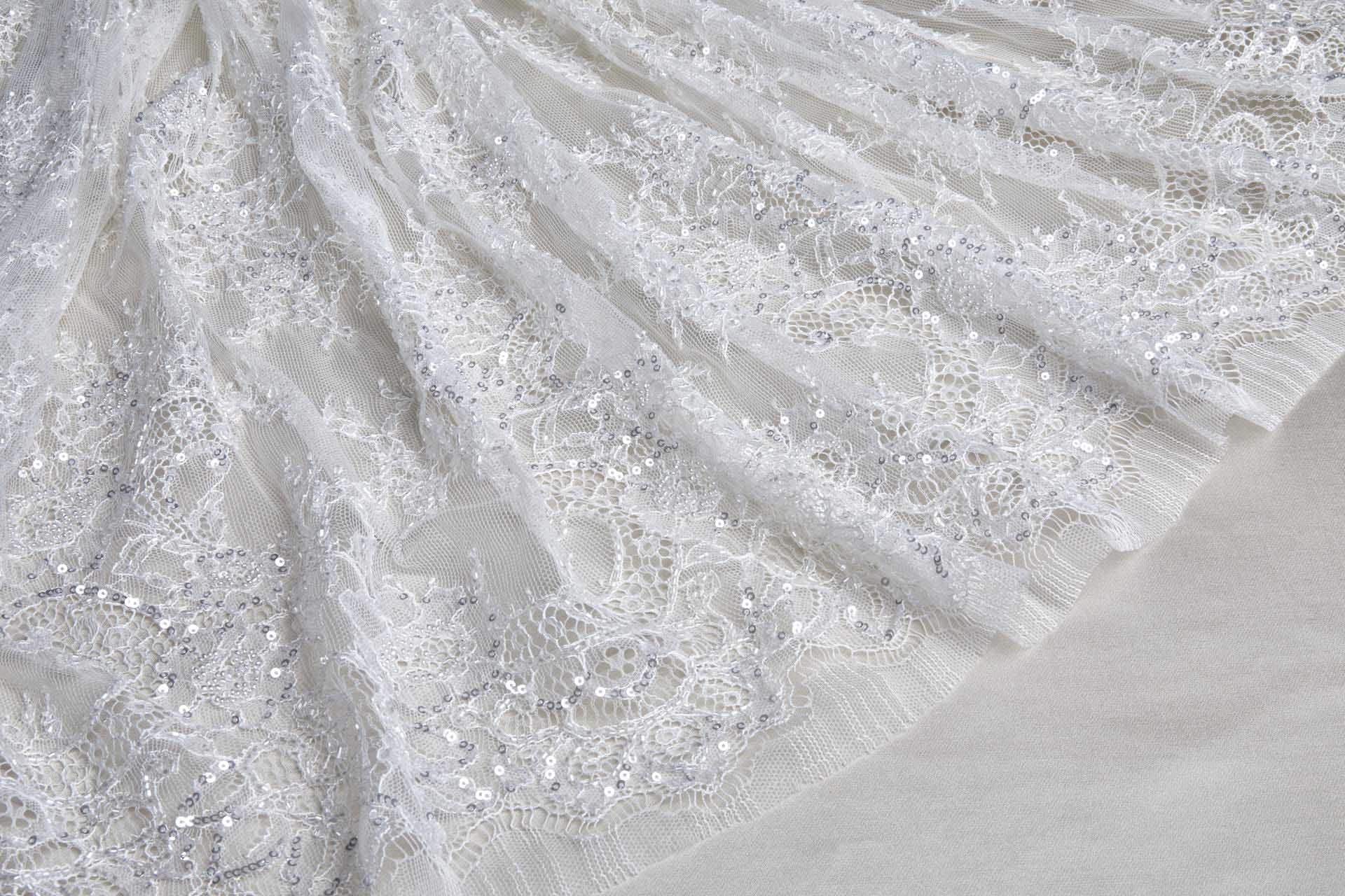 Beaded and Sequinned Chantilly Lace Double Border in Pale Ivory fabric