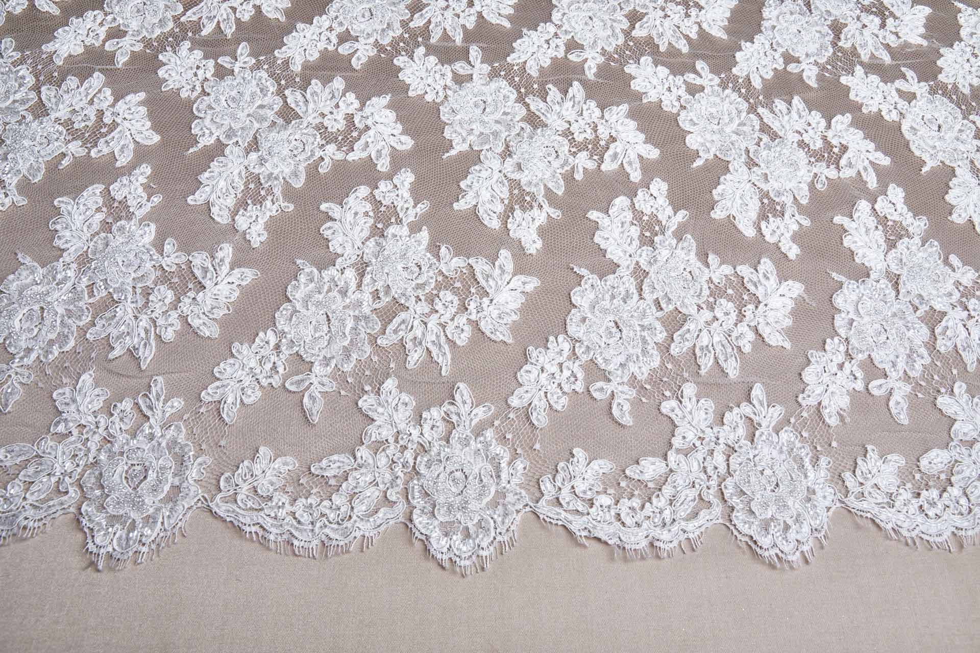 Beaded Rose Design Leavers Lace - Ivory Double Scallop fabric, image 14 of 14