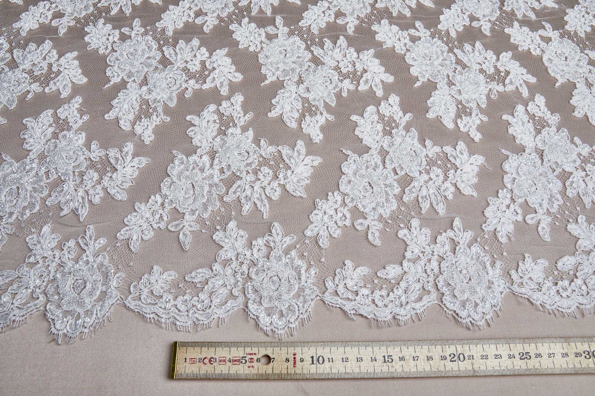 Beaded Rose Design Leavers Lace - Ivory Double Scallop fabric, image 2 of 14