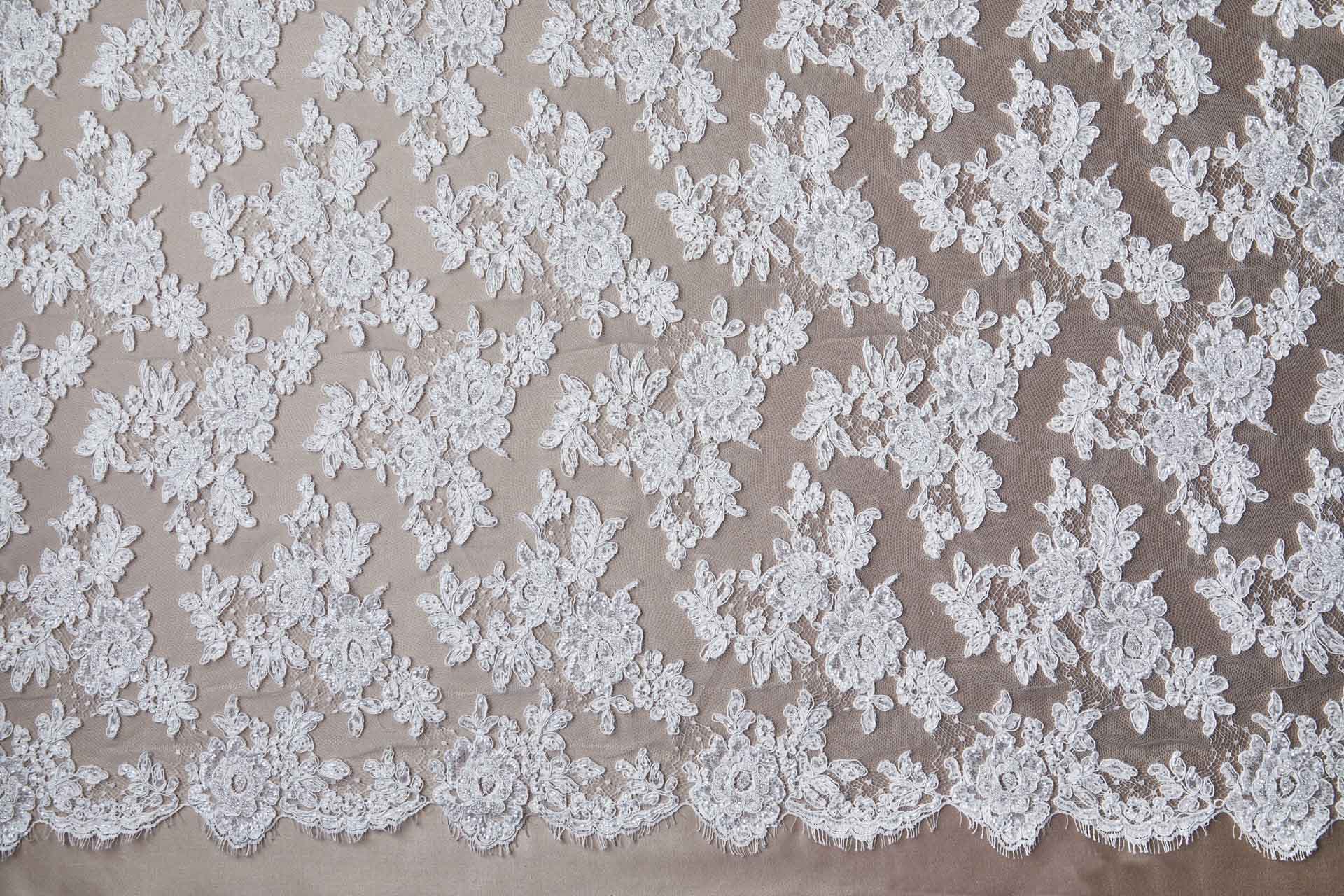 Beaded Rose Design Leavers Lace - Ivory Double Scallop fabric, image 10 of 14