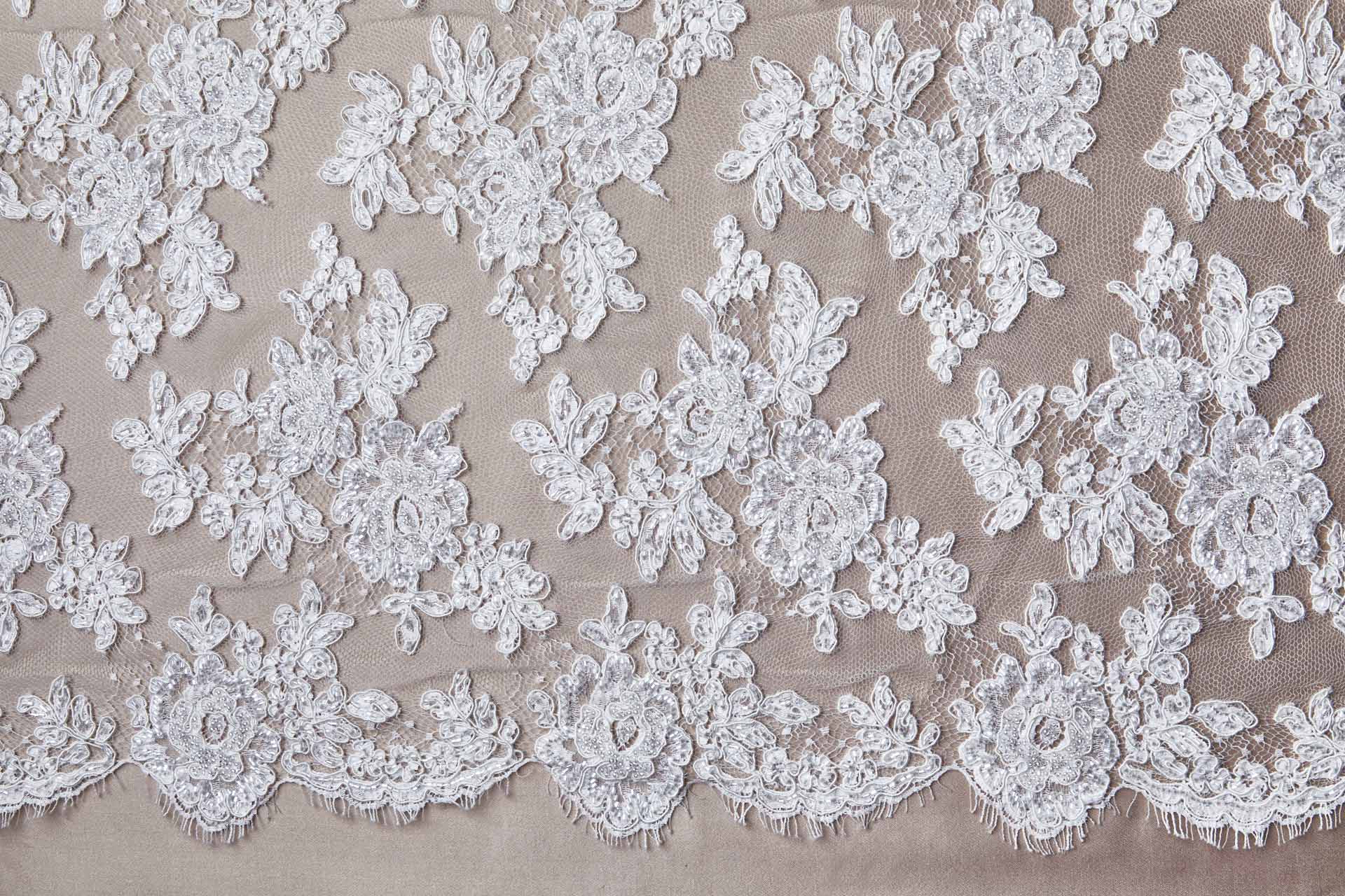 Beaded Rose Design Leavers Lace - Ivory Double Scallop fabric, image 11 of 14