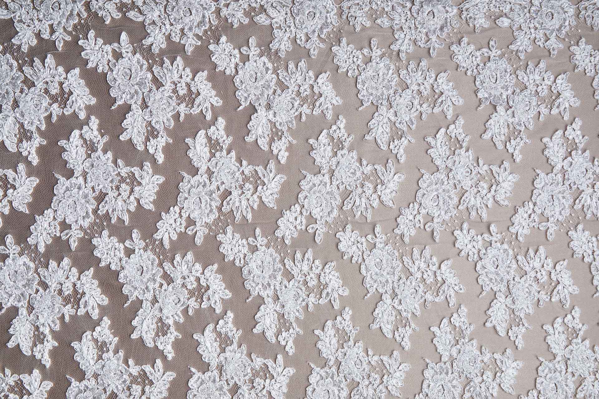 Beaded Rose Design Leavers Lace - Ivory Double Scallop fabric, image 12 of 14