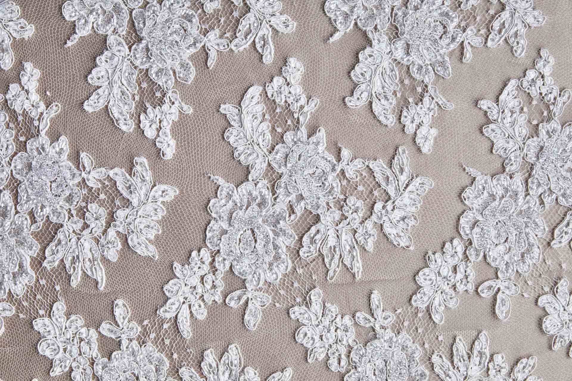 Beaded Rose Design Leavers Lace - Ivory Double Scallop fabric, image 13 of 14