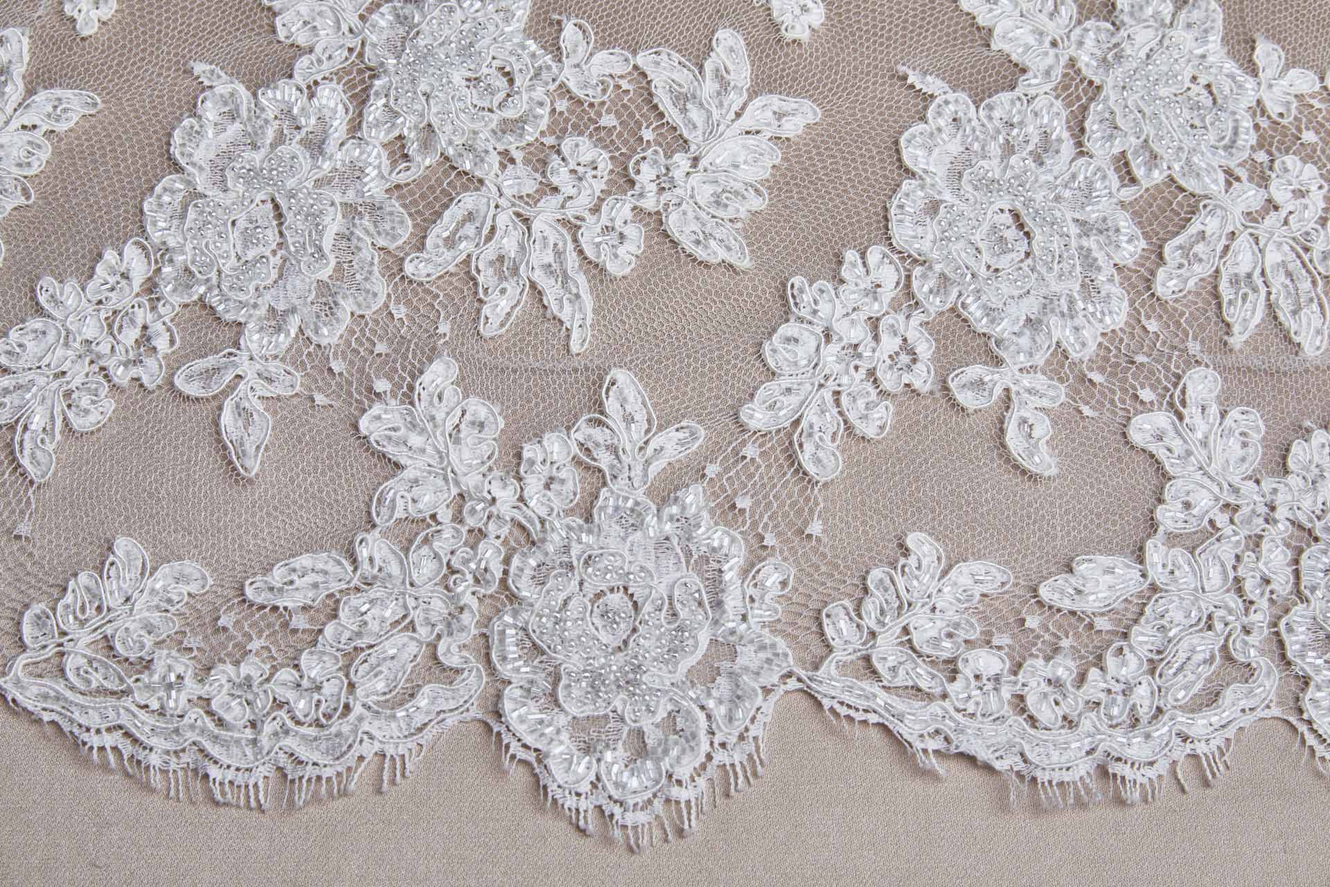 Beaded Rose Design Leavers Lace - Ivory Double Scallop fabric, image 3 of 14