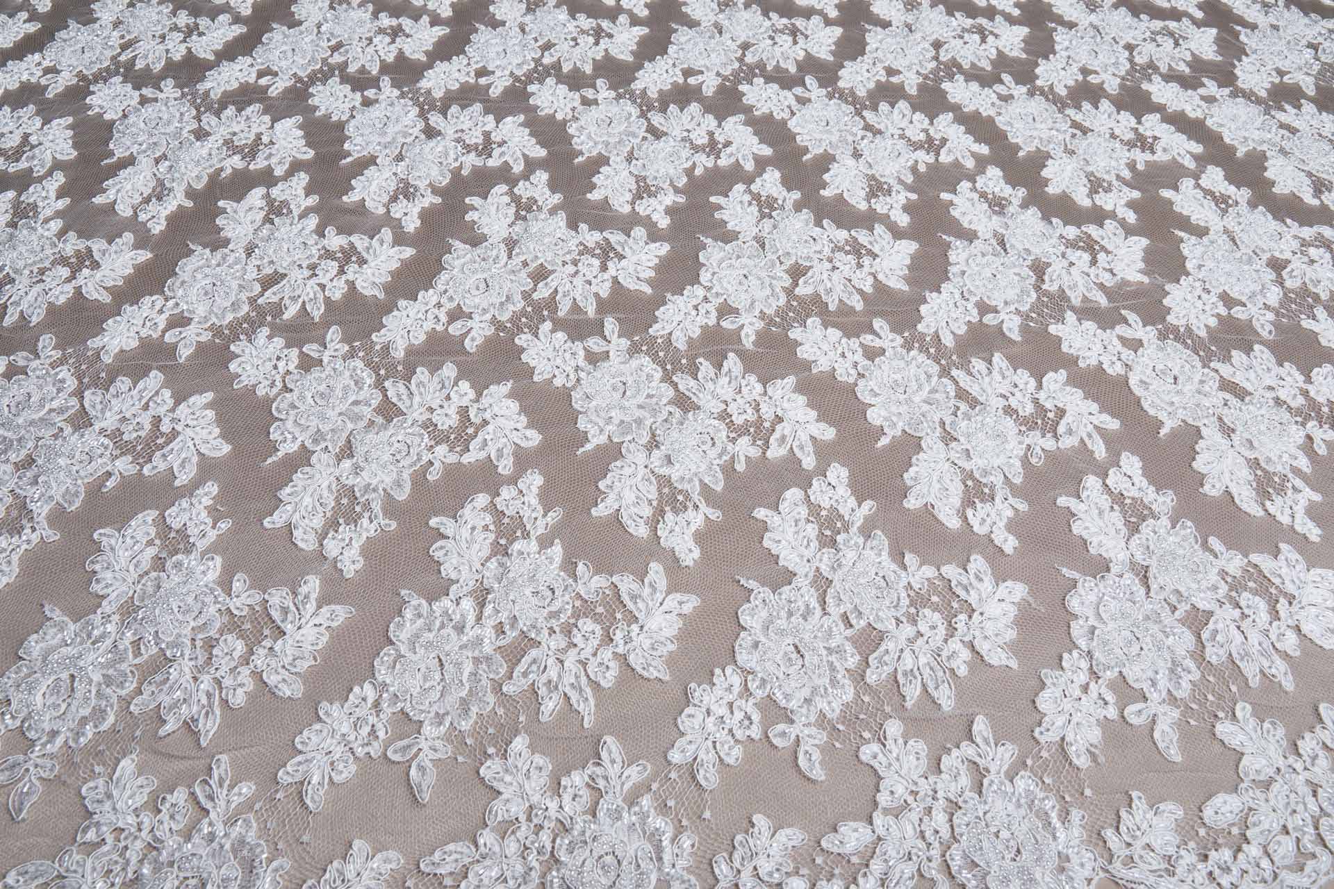 Beaded Rose Design Leavers Lace - Ivory Double Scallop fabric, image 4 of 14