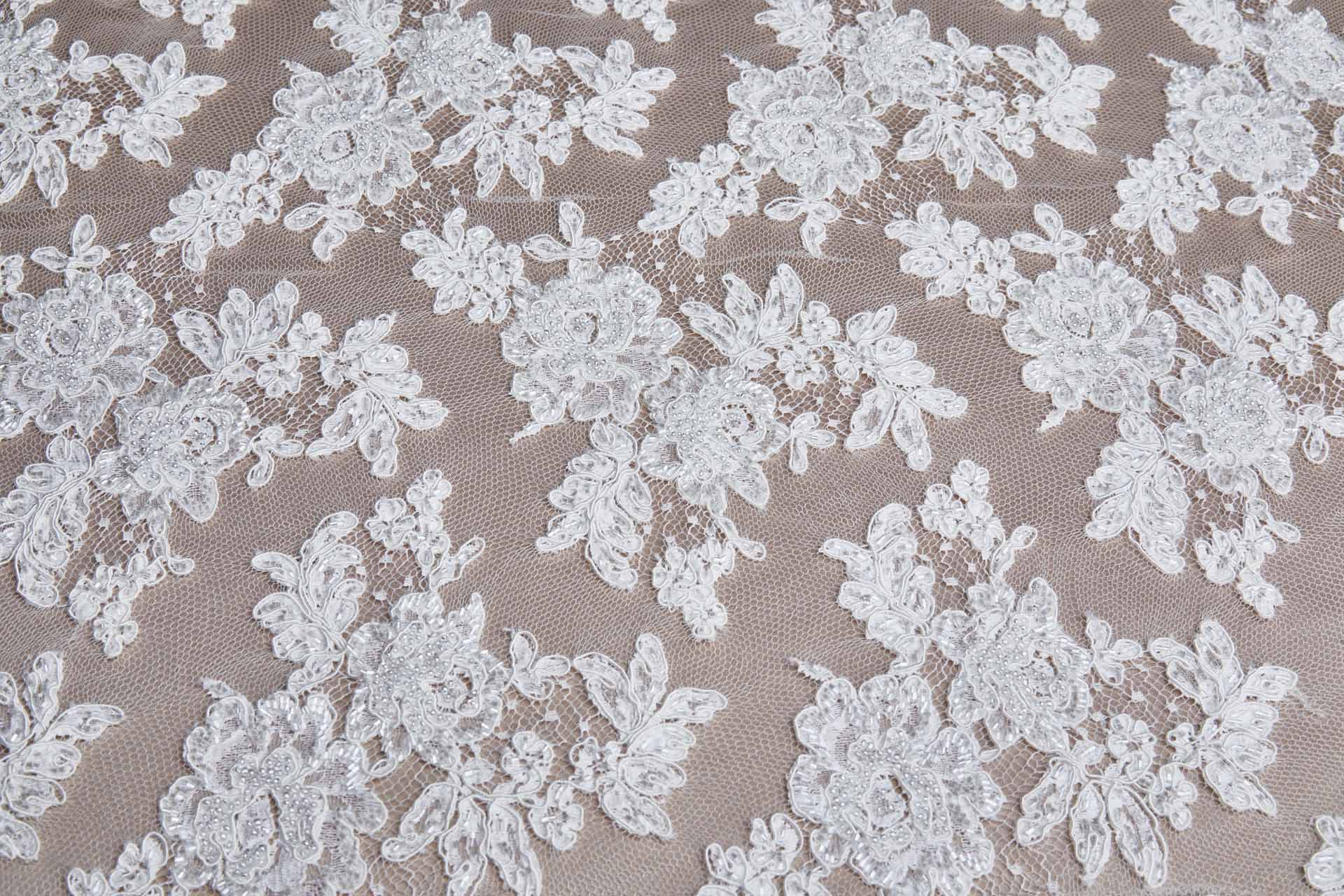 Beaded Rose Design Leavers Lace - Ivory Double Scallop fabric, image 5 of 14