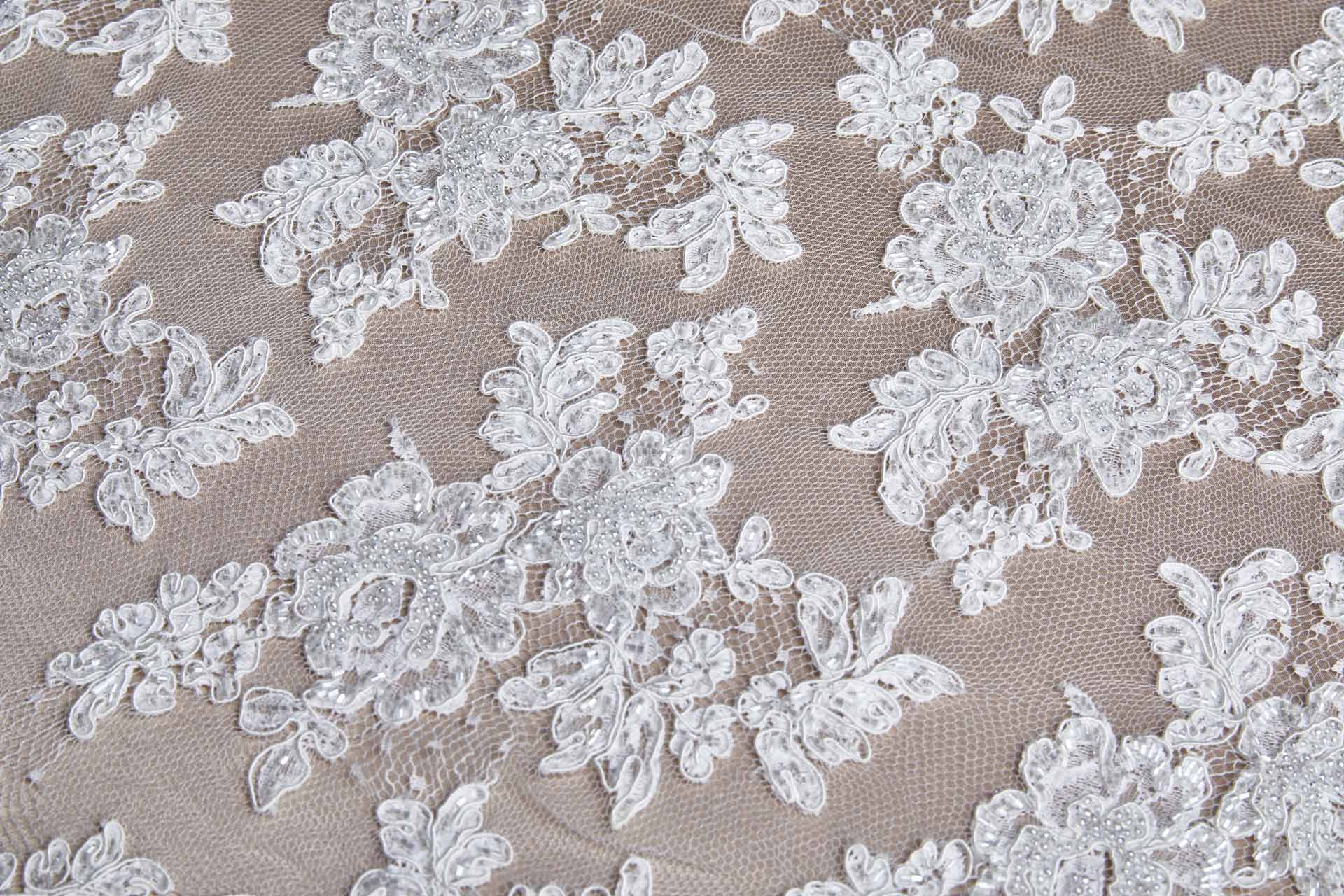 Beaded Rose Design Leavers Lace - Ivory Double Scallop fabric, image 6 of 14