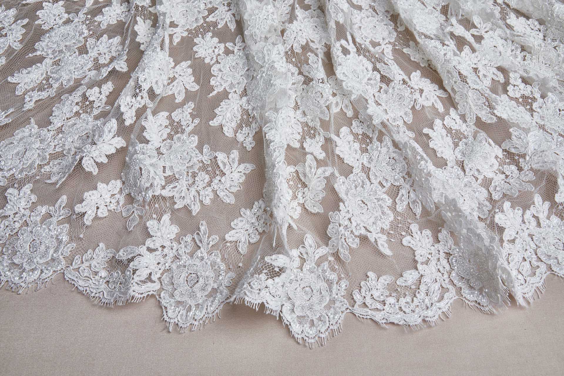 Beaded Rose Design Leavers Lace - Ivory Double Scallop fabric, image 7 of 14