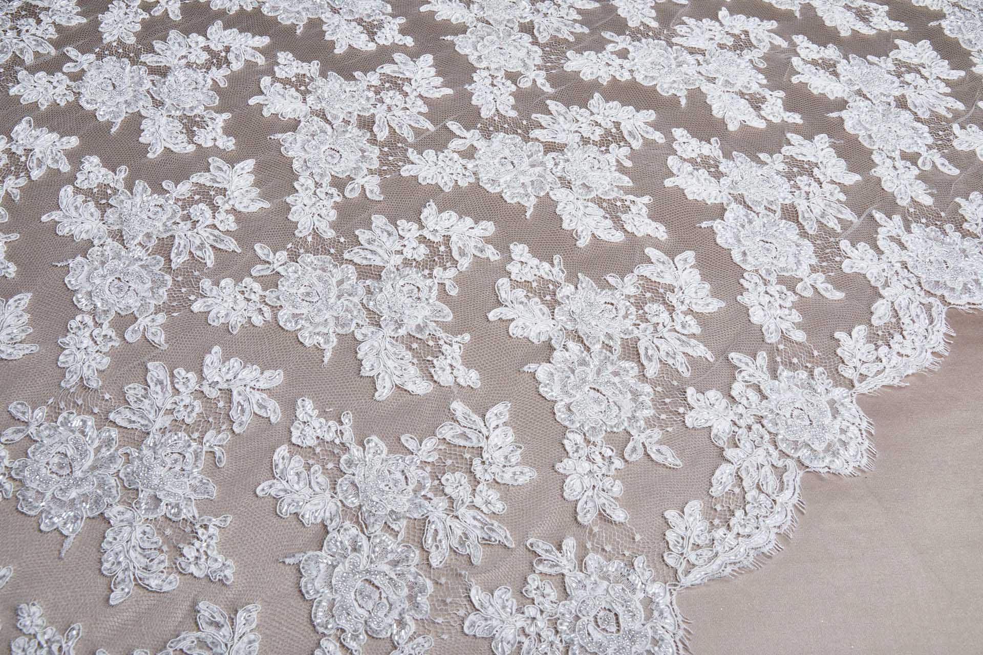 Beaded Rose Design Leavers Lace - Ivory Double Scallop fabric