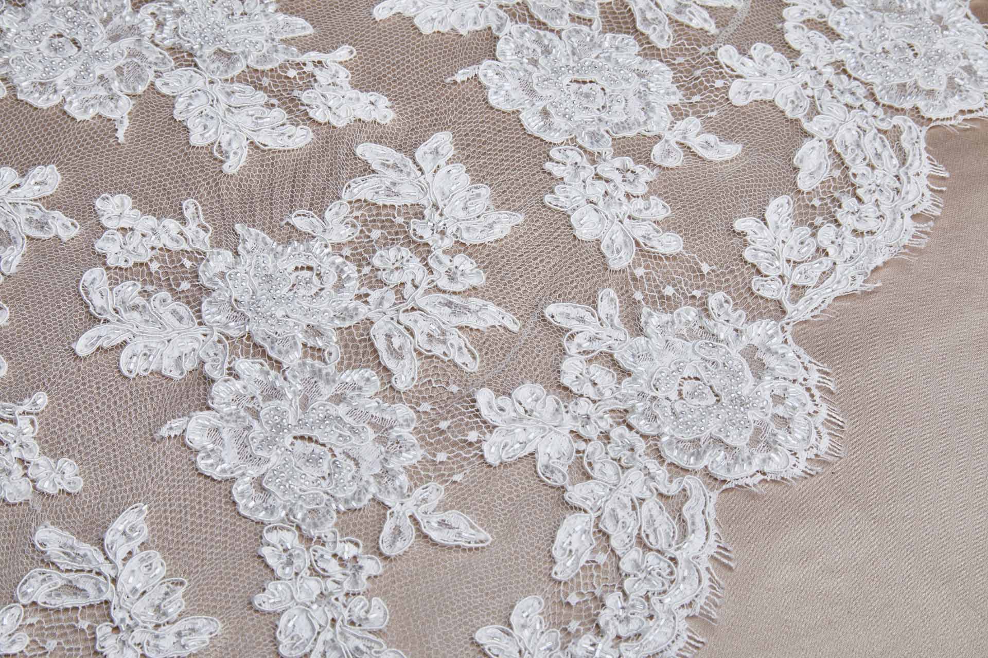 Beaded Rose Design Leavers Lace - Ivory Double Scallop fabric, image 8 of 14
