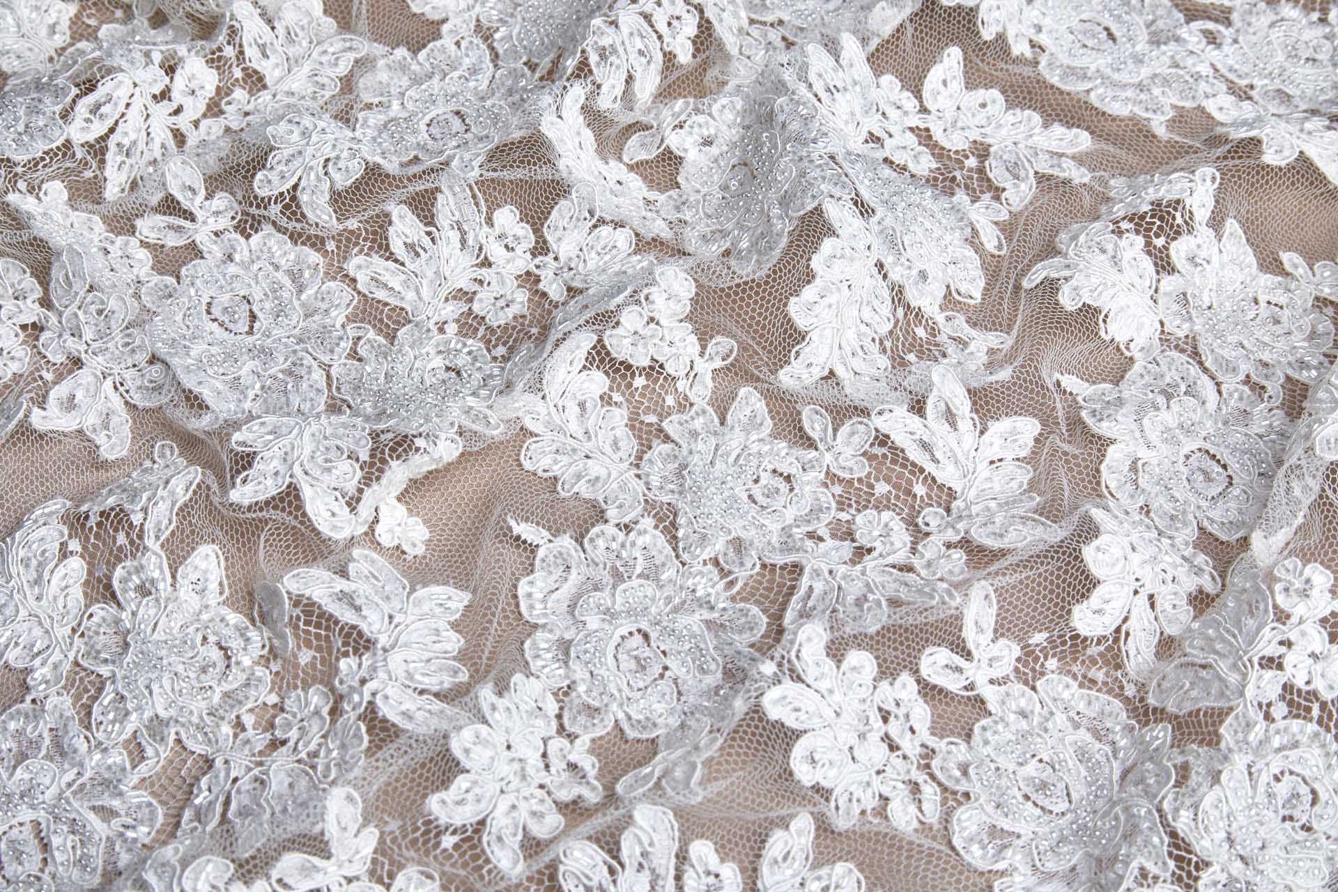 Beaded Rose Design Leavers Lace - Ivory Double Scallop fabric, image 9 of 14