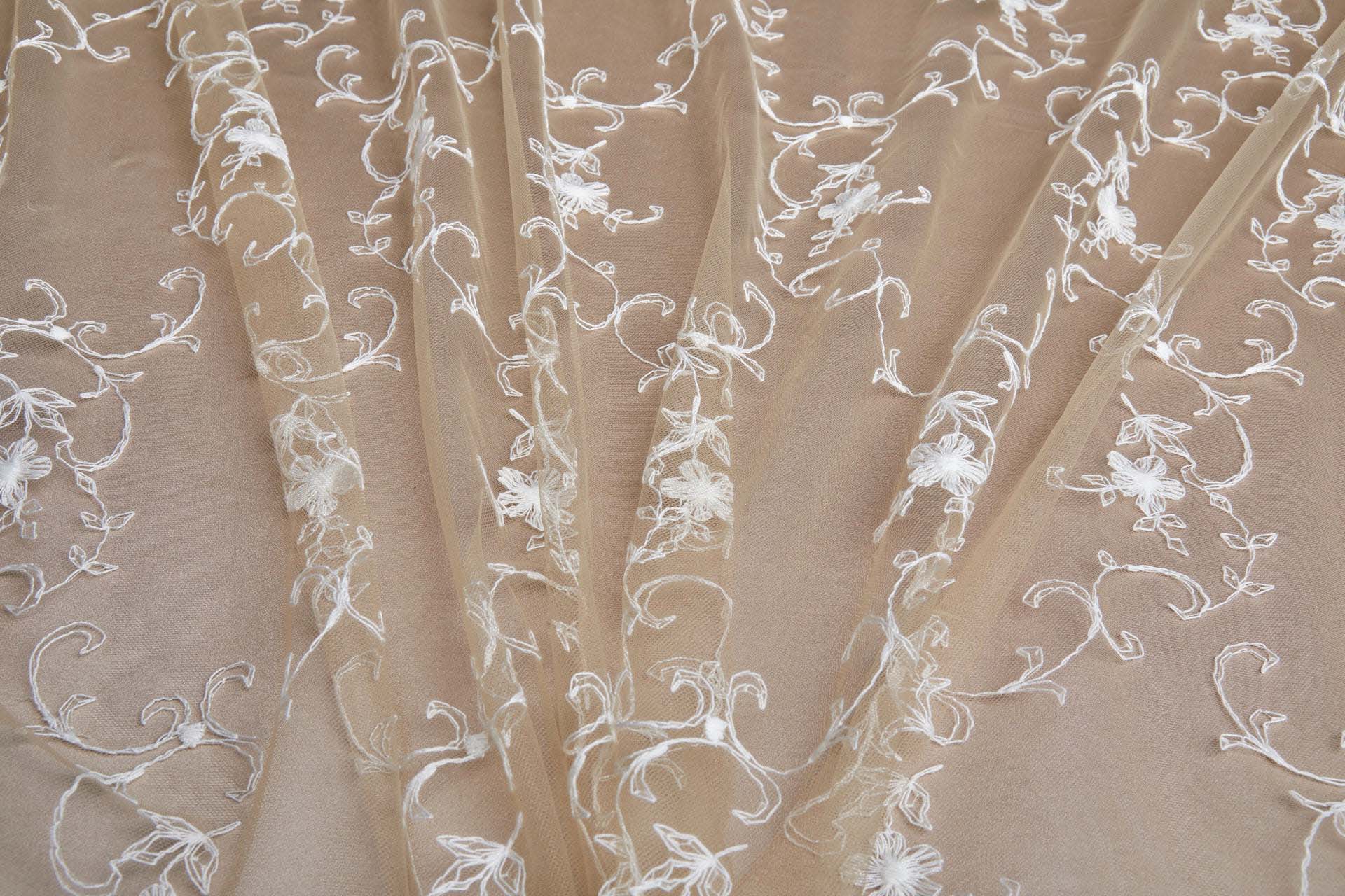 Ivory Cotton Embroidery on Nude Tulle fabric, image 11 of 17