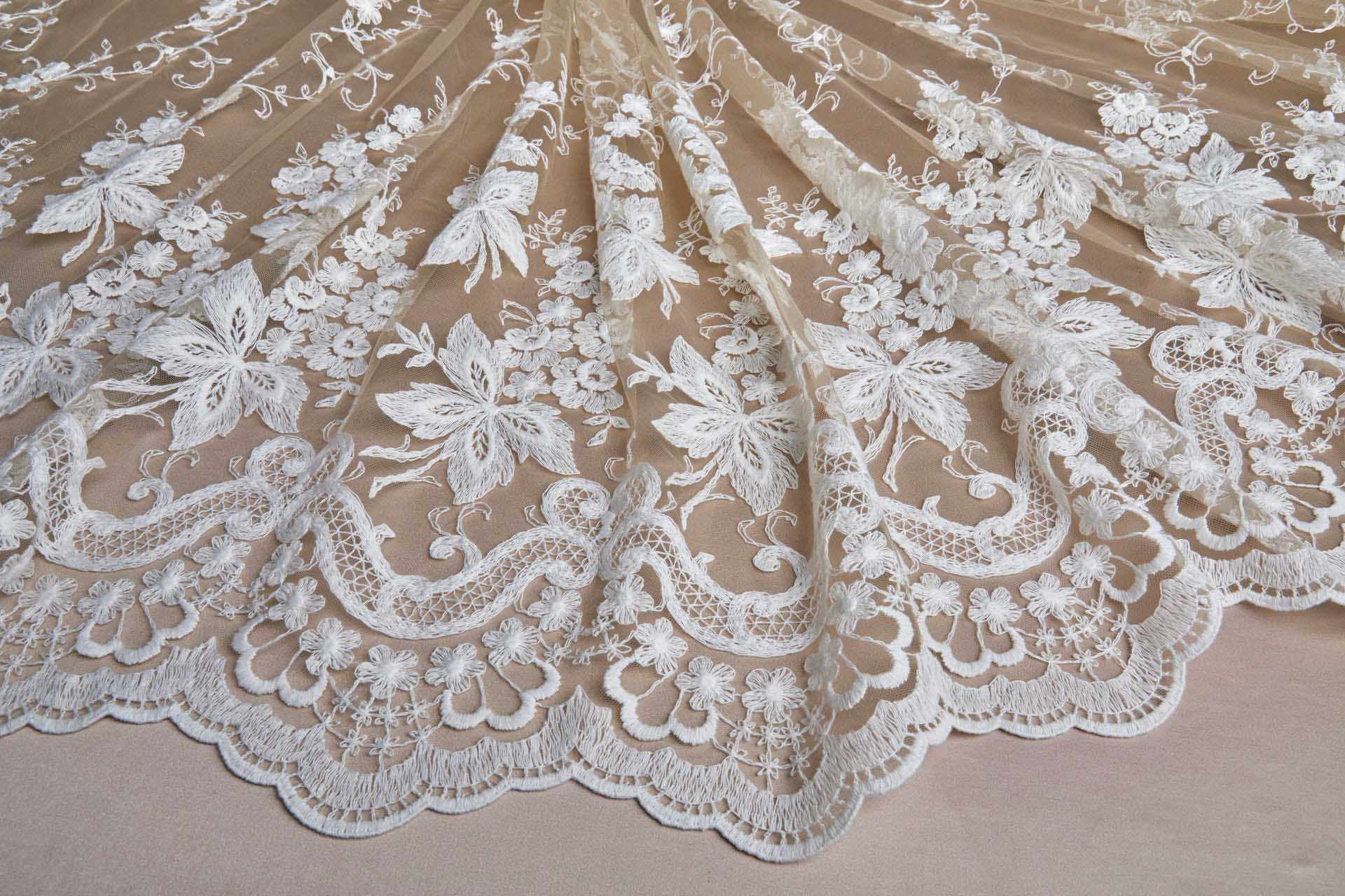 Ivory Cotton Embroidery on Nude Tulle fabric, image 3 of 17