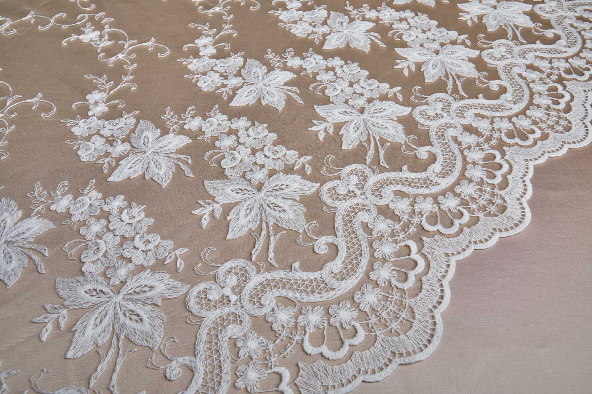 Ivory Cotton Embroidery on Nude Tulle fabric, image 4 of 17