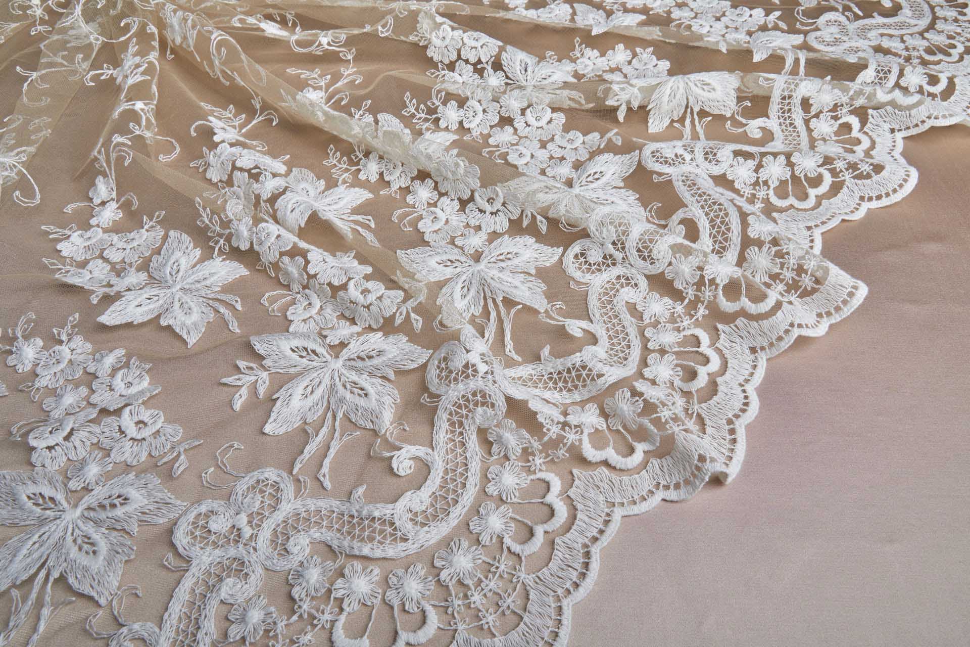 Ivory Cotton Embroidery on Nude Tulle fabric