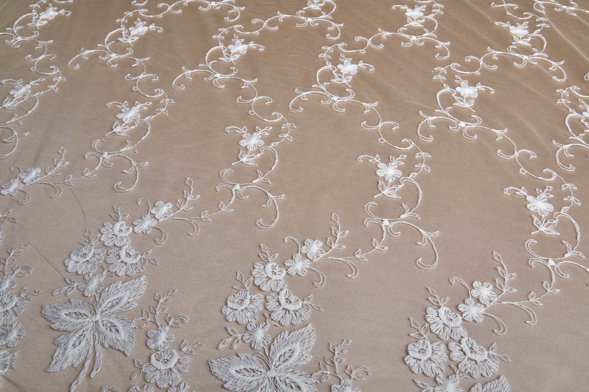 Ivory Cotton Embroidery on Nude Tulle fabric, image 7 of 17