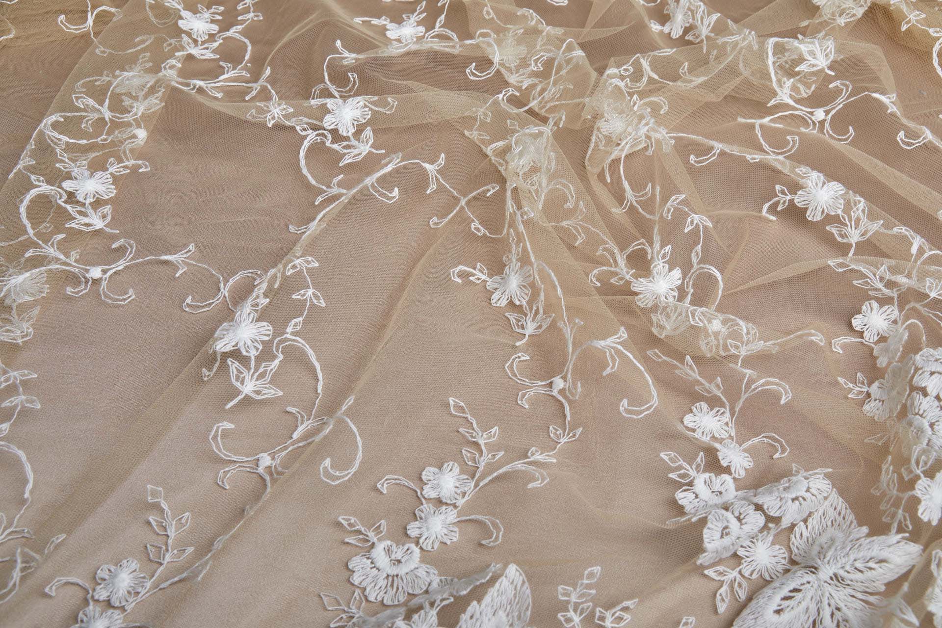 Ivory Cotton Embroidery on Nude Tulle fabric, image 9 of 17