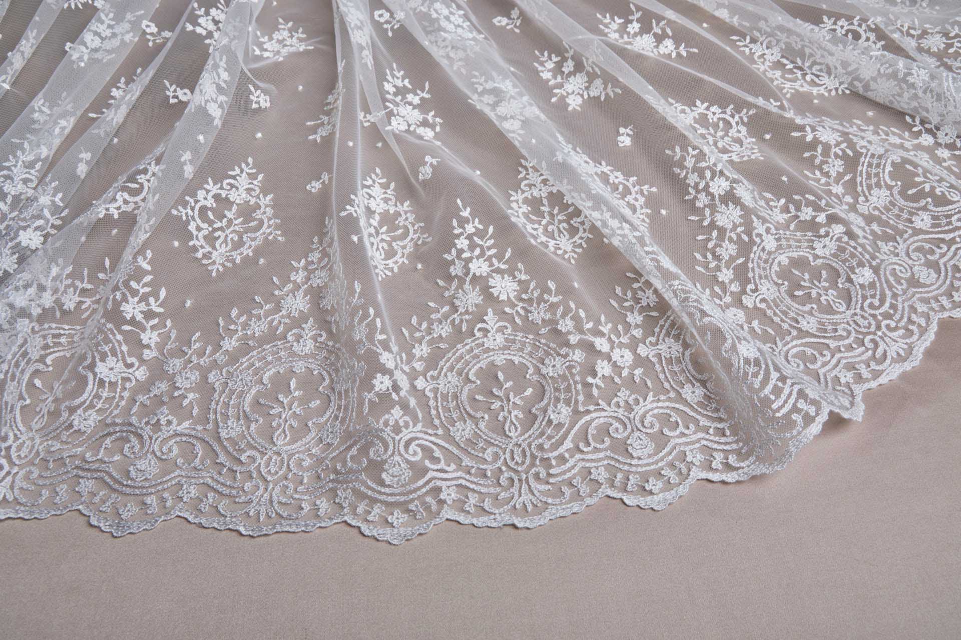 Embroidered Tulle - Ivory - Single Scallop fabric