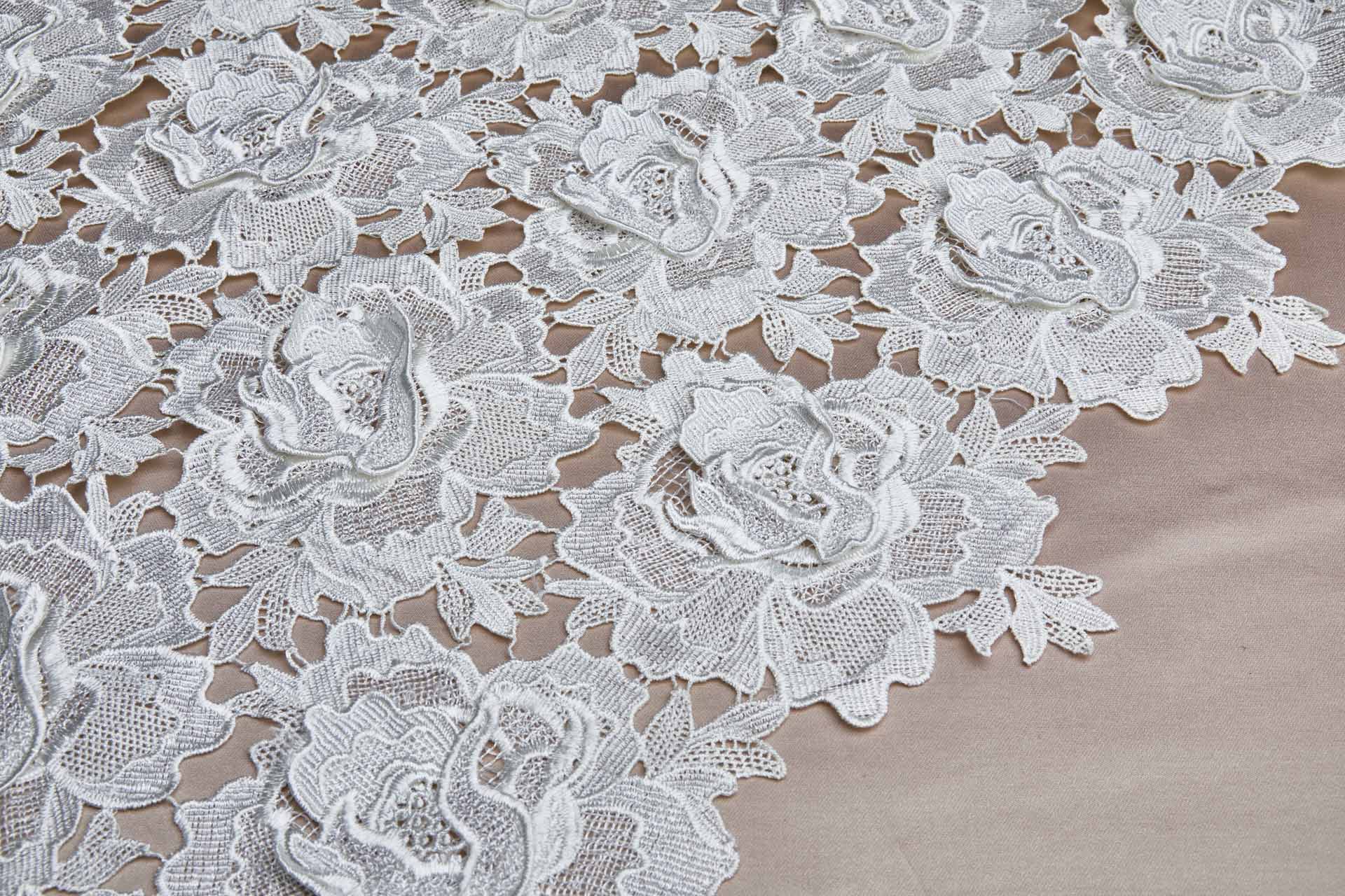 Guipure Lace with 3D Applique Flowers in Ivory fabric