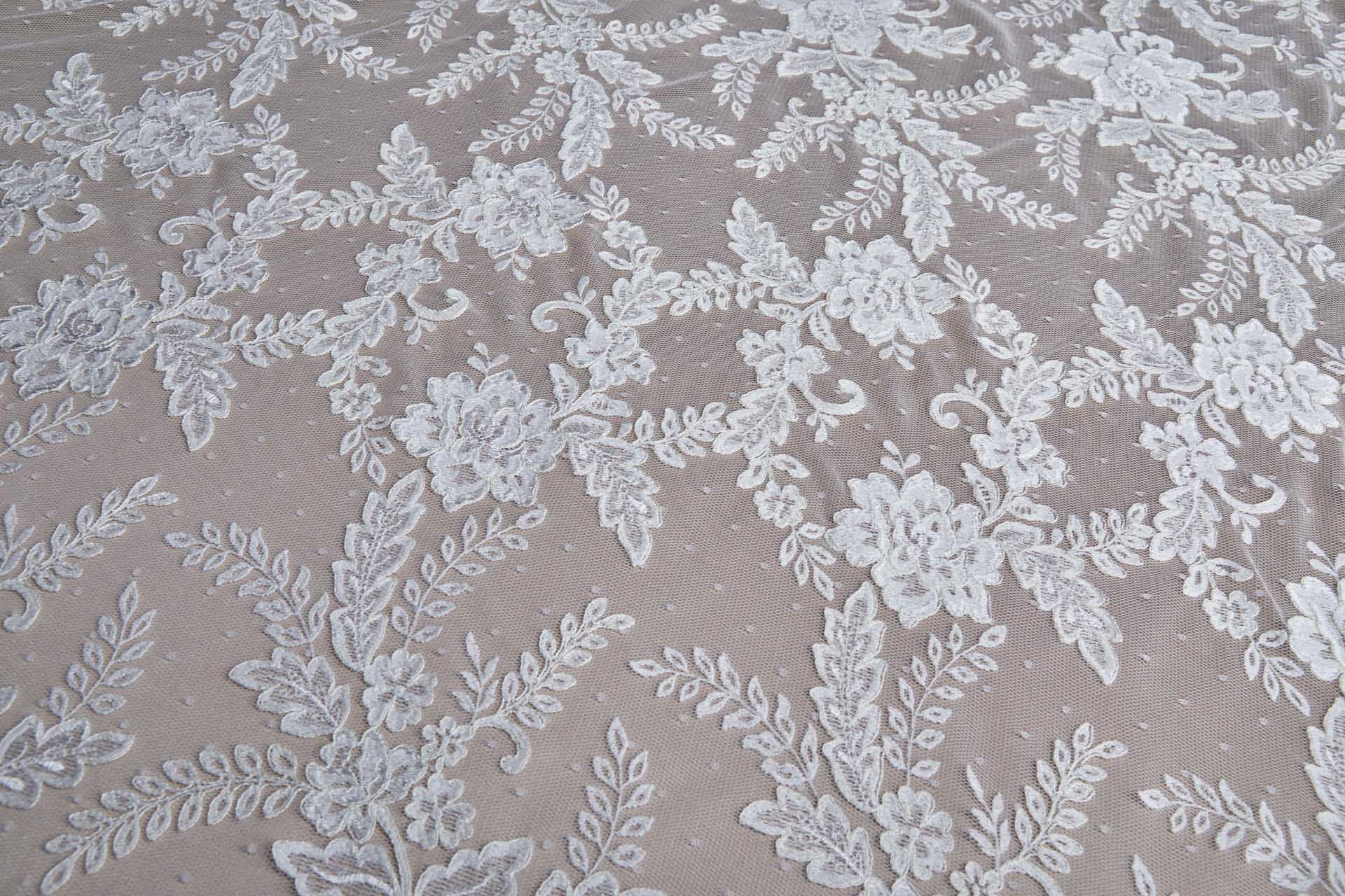 Corded Embroidered Tulle Lace - Ivory fabric, image 4 of 9