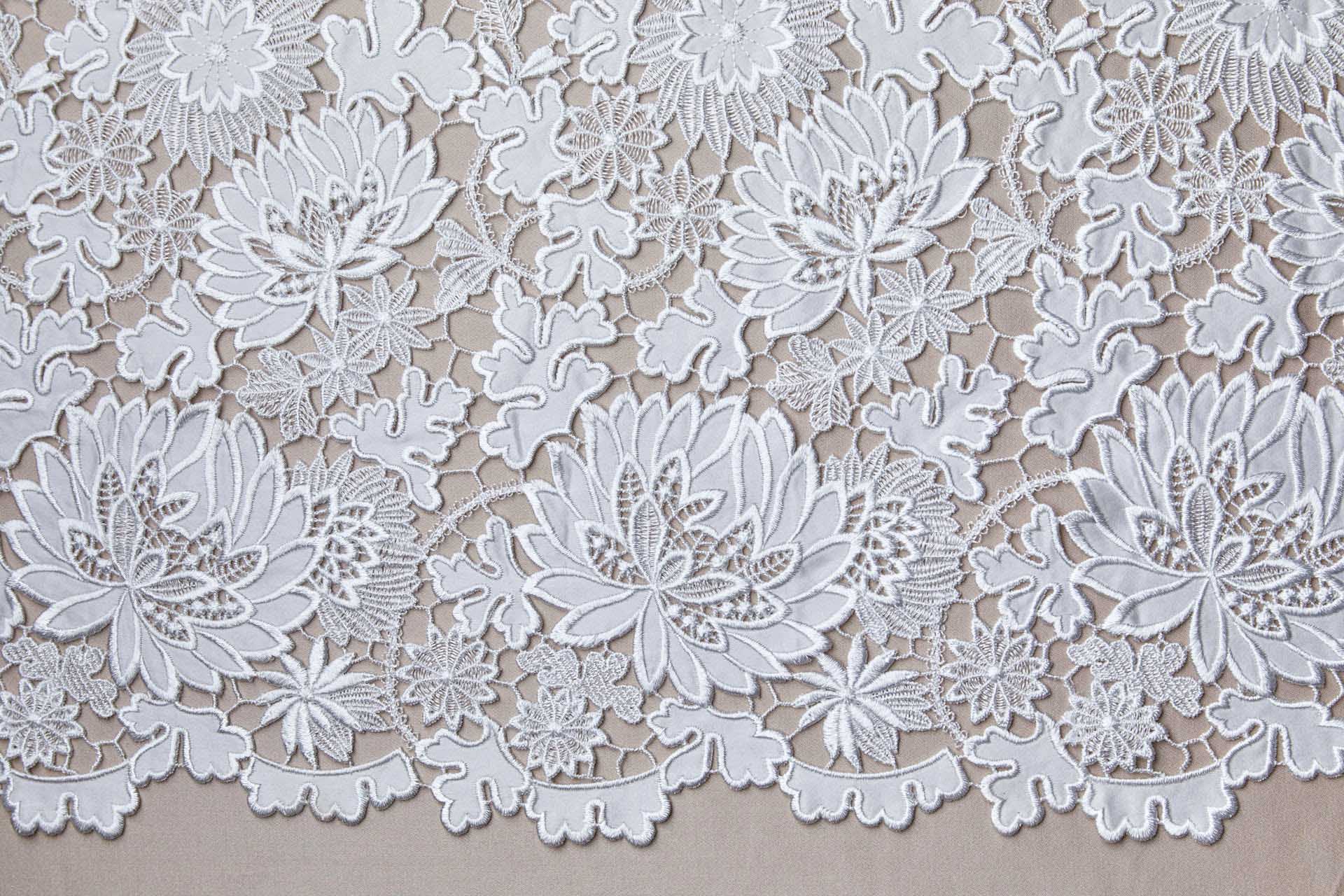 Embroidered Flower Pattern on Ivory Satin fabric, image 10 of 12