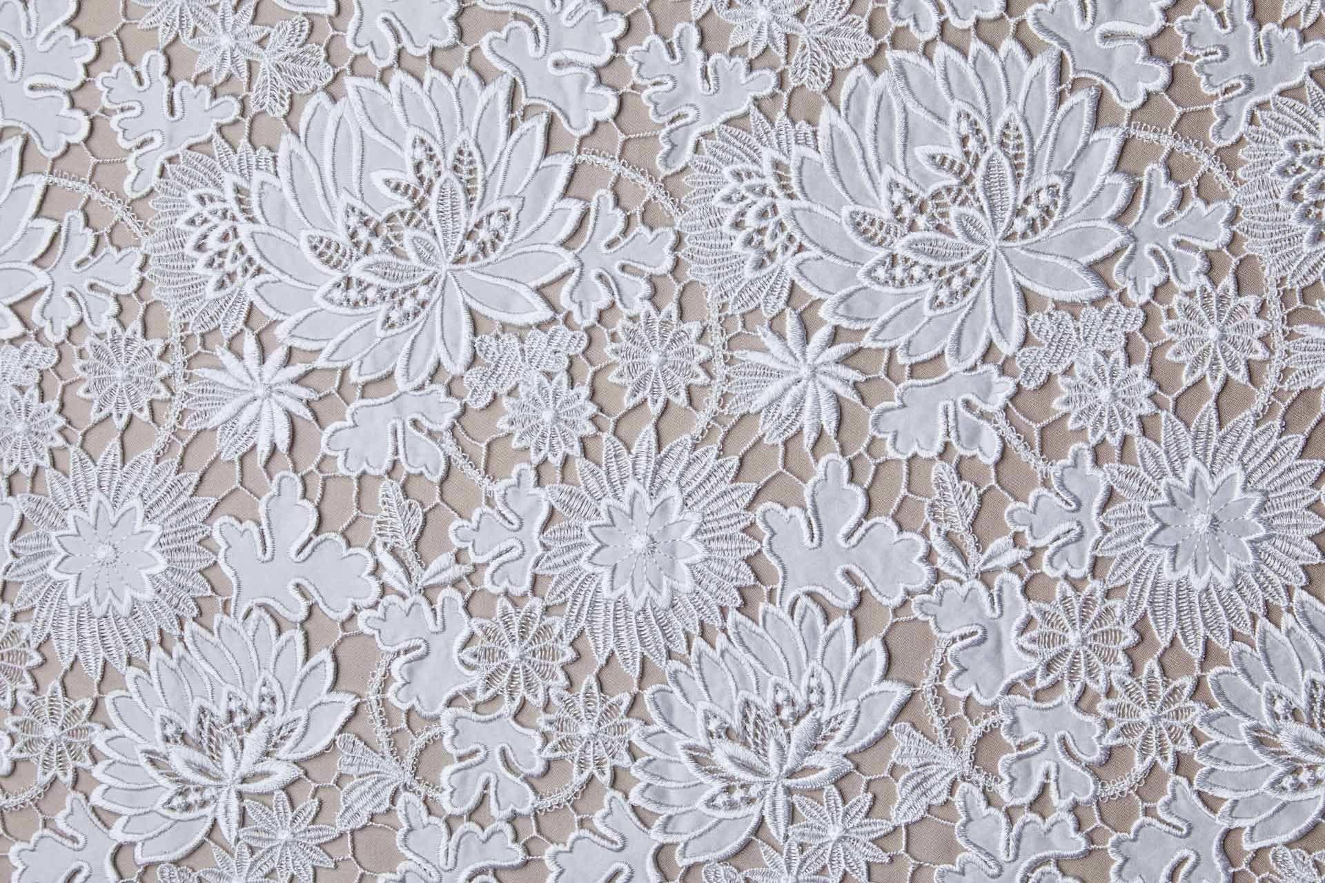 Embroidered Flower Pattern on Ivory Satin fabric, image 12 of 12