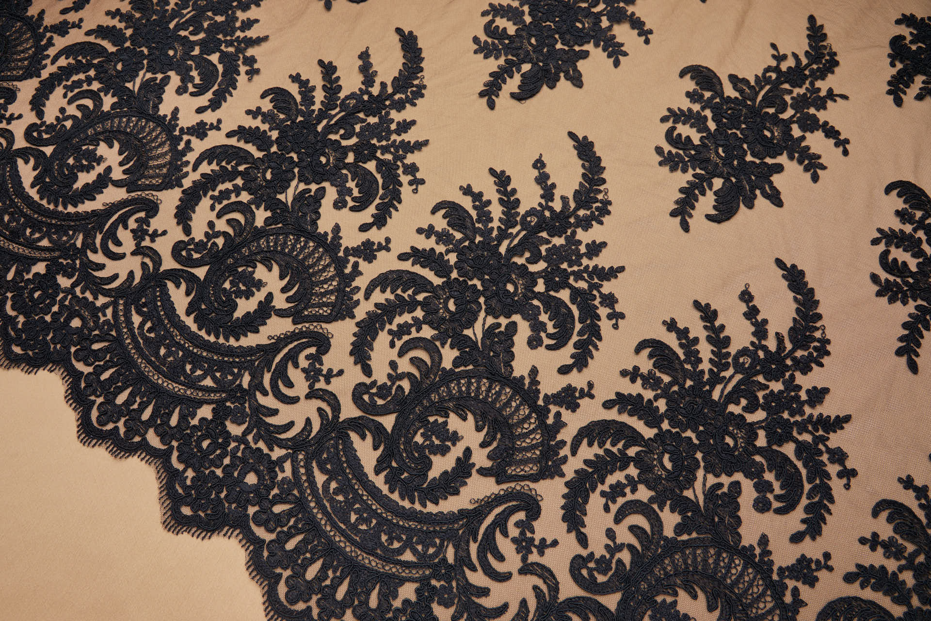 Corded Embroidered Tulle - Black - Double Scallop fabric, image 3 of 10