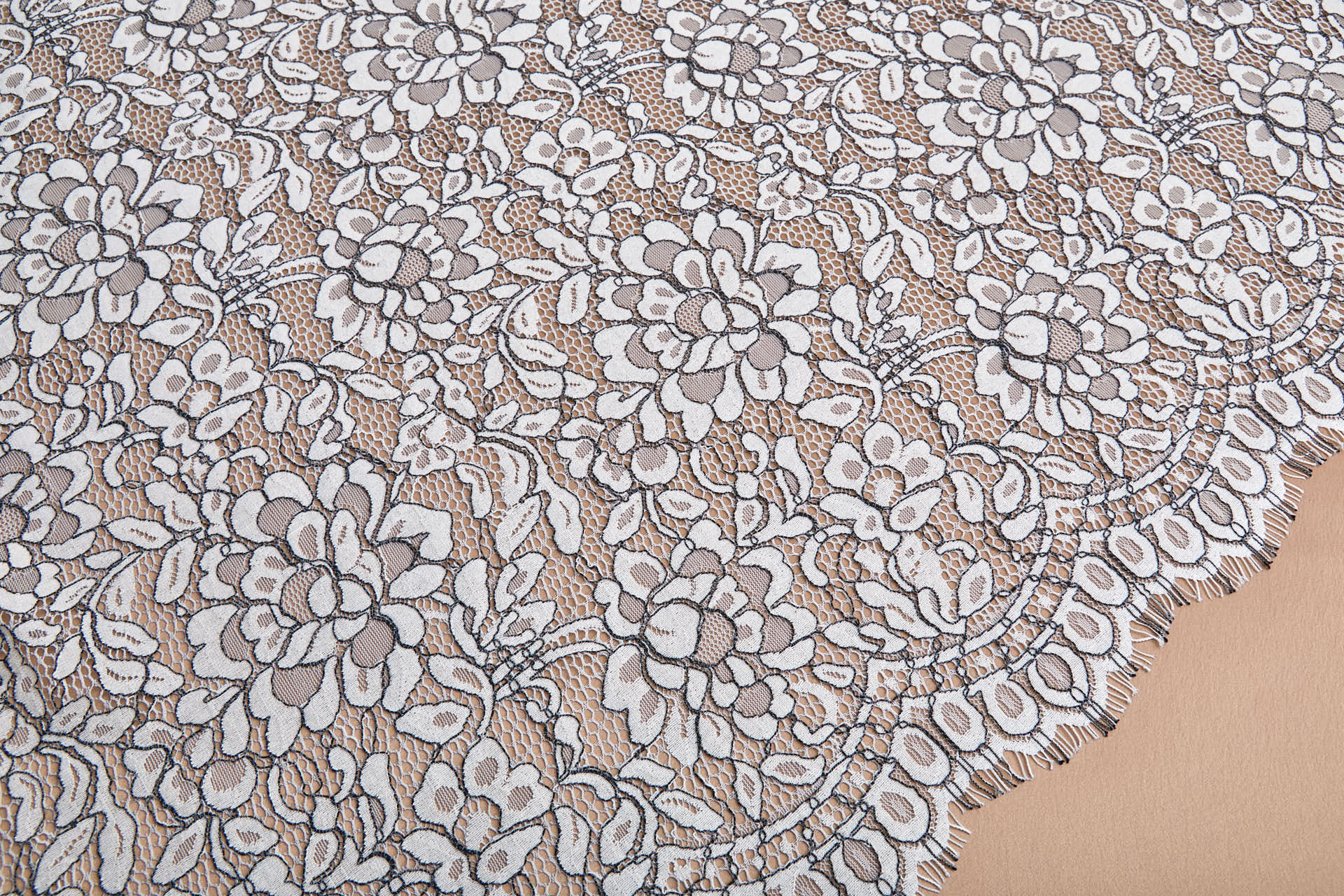 Cream Leavers Lace w/Black Cording - Double Scallop fabric, image 4 of 8