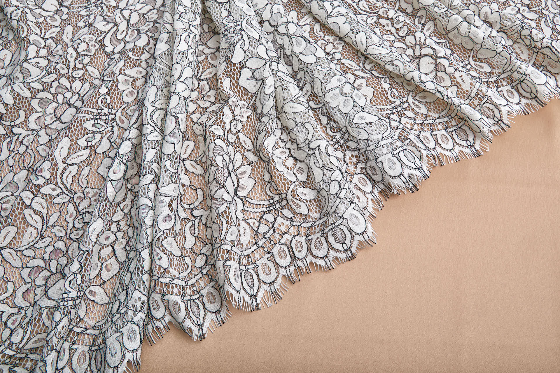 Cream Leavers Lace w/Black Cording - Double Scallop fabric, image 7 of 8