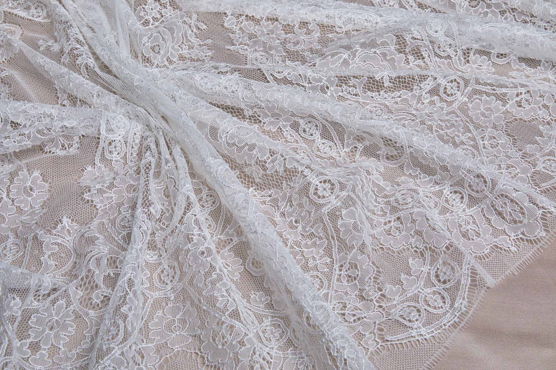 Floral Chantilly Lace - Ivory Double Scallop fabric, image 5 of 10