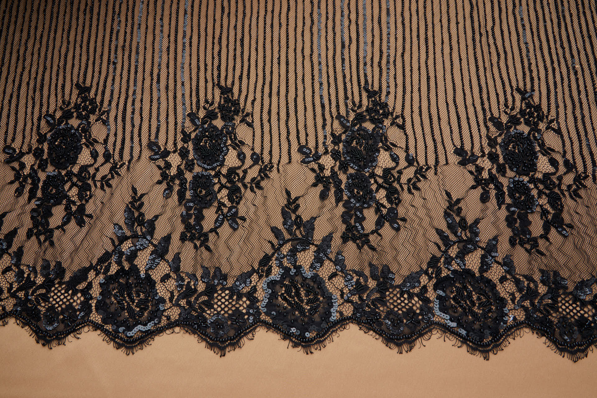 Lines and Flowers Beaded Lace in Black fabric, image 3 of 9