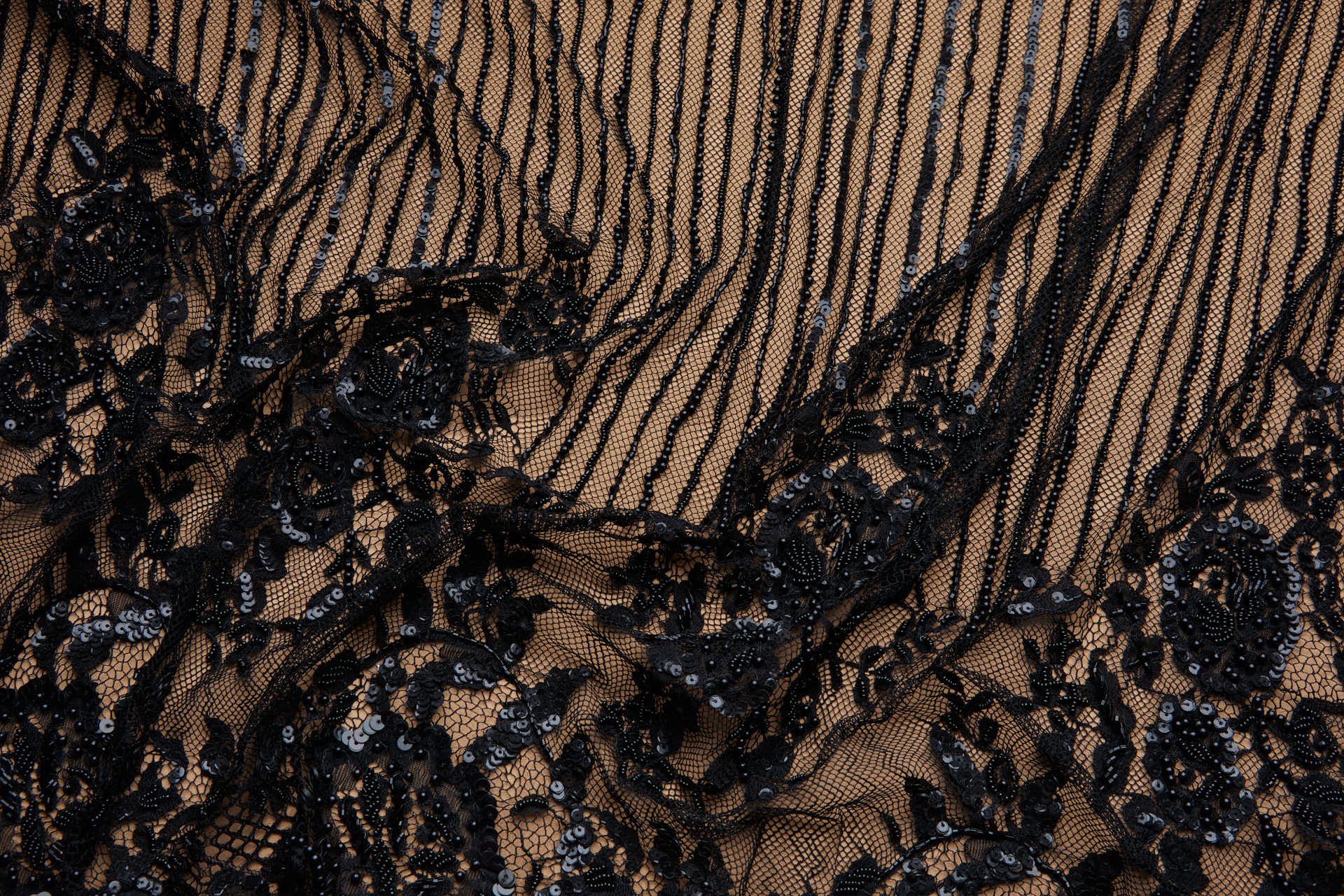 Lines and Flowers Beaded Lace in Black fabric, image 5 of 9