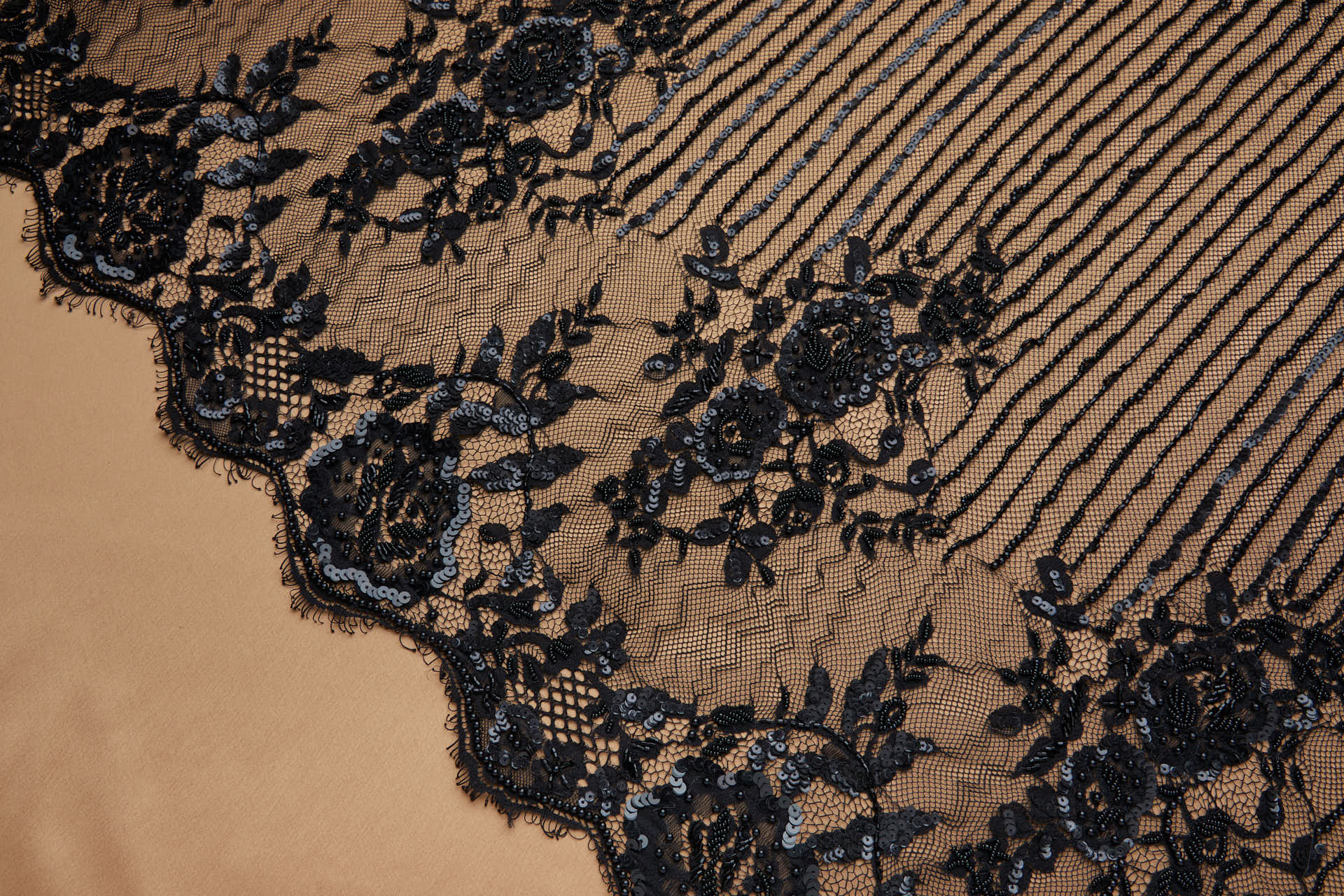 Lines and Flowers Beaded Lace in Black fabric, image 4 of 9