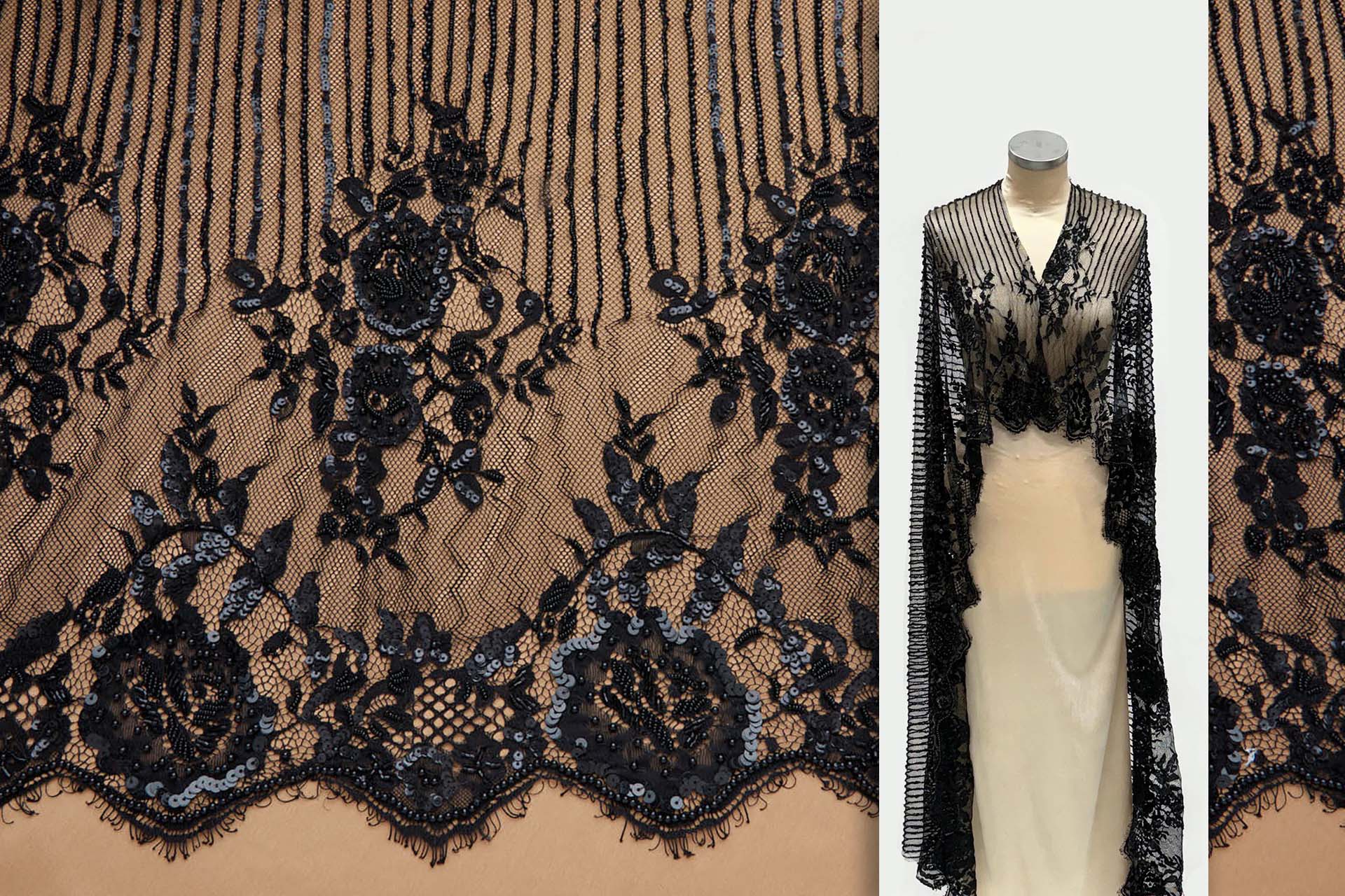 Lines and Flowers Beaded Lace in Black fabric