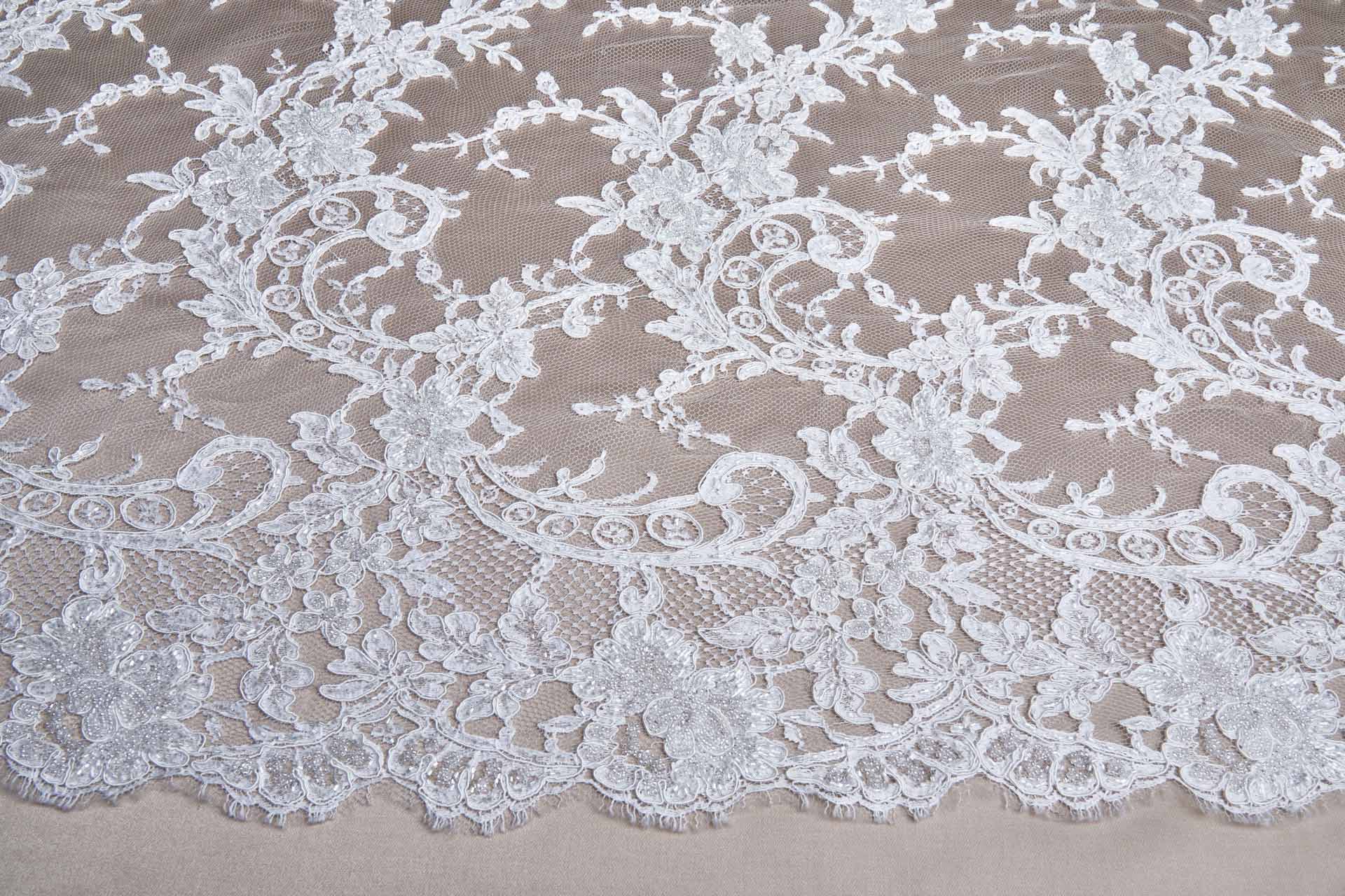 Beaded Corded Scroll Border Leavers Lace - Ivory Double Scallop fabric, image 14 of 14