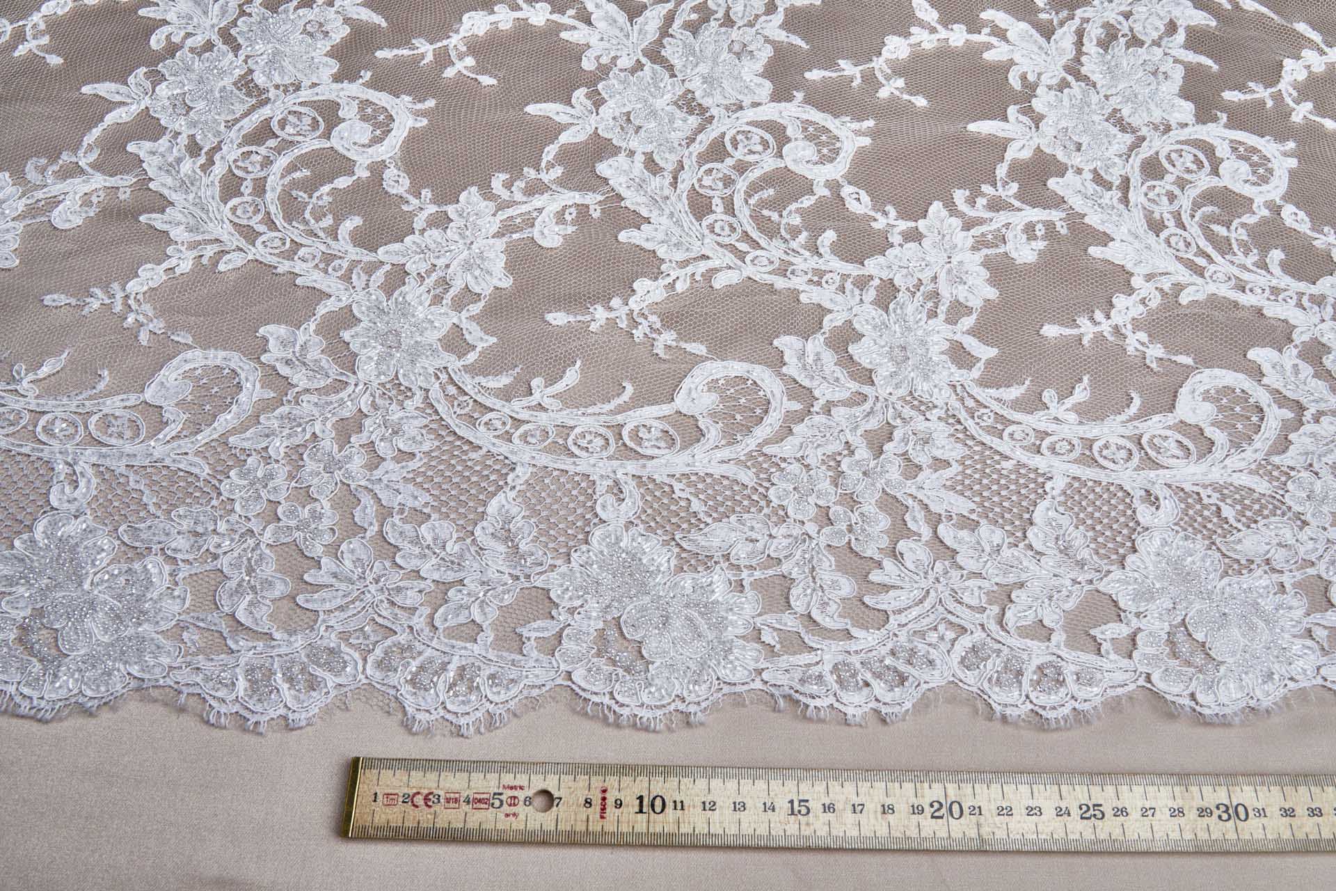 Beaded Corded Scroll Border Leavers Lace - Ivory Double Scallop fabric, image 2 of 14