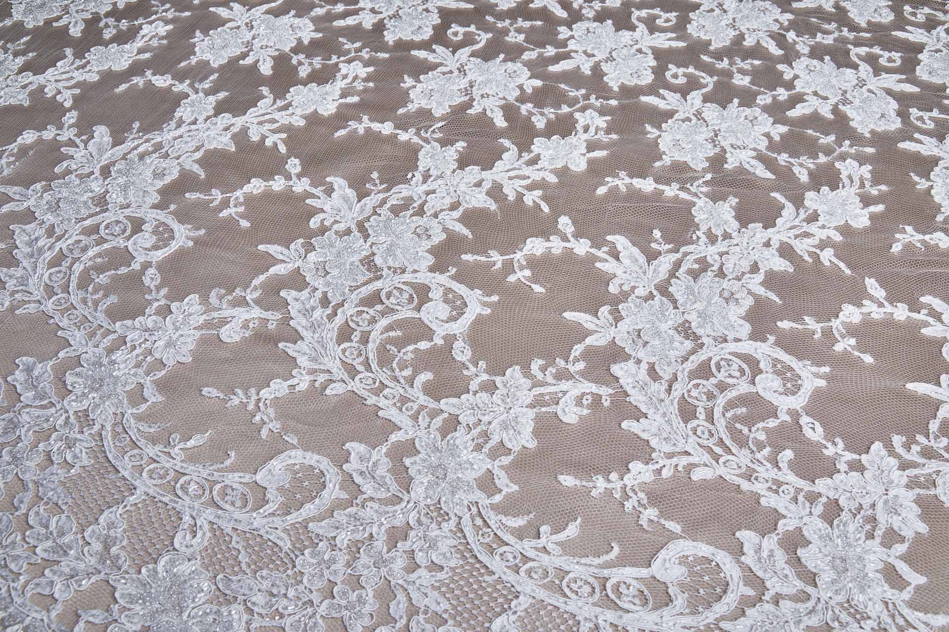 Beaded Corded Scroll Border Leavers Lace - Ivory Double Scallop fabric, image 3 of 14