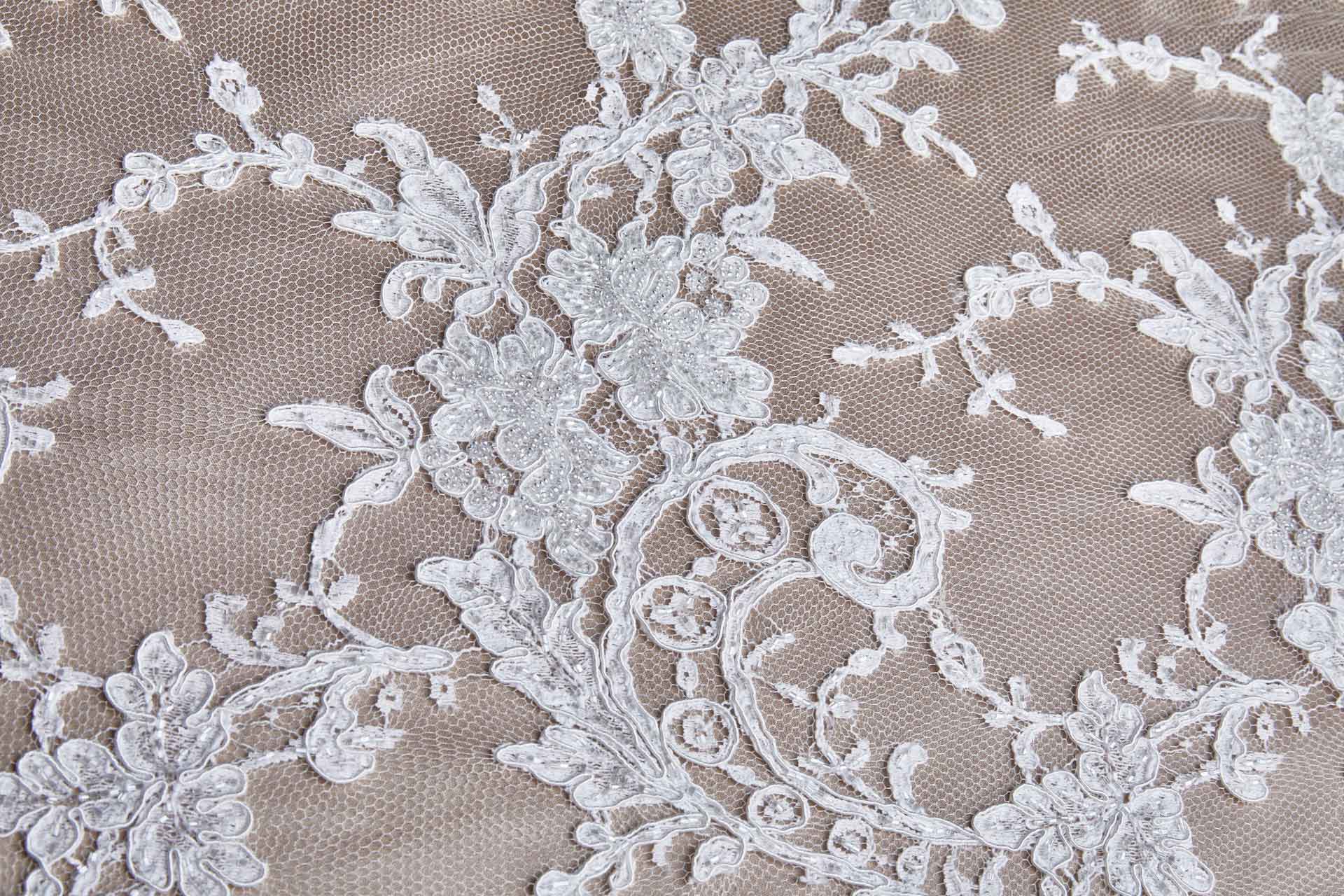 Beaded Corded Scroll Border Leavers Lace - Ivory Double Scallop fabric, image 4 of 14