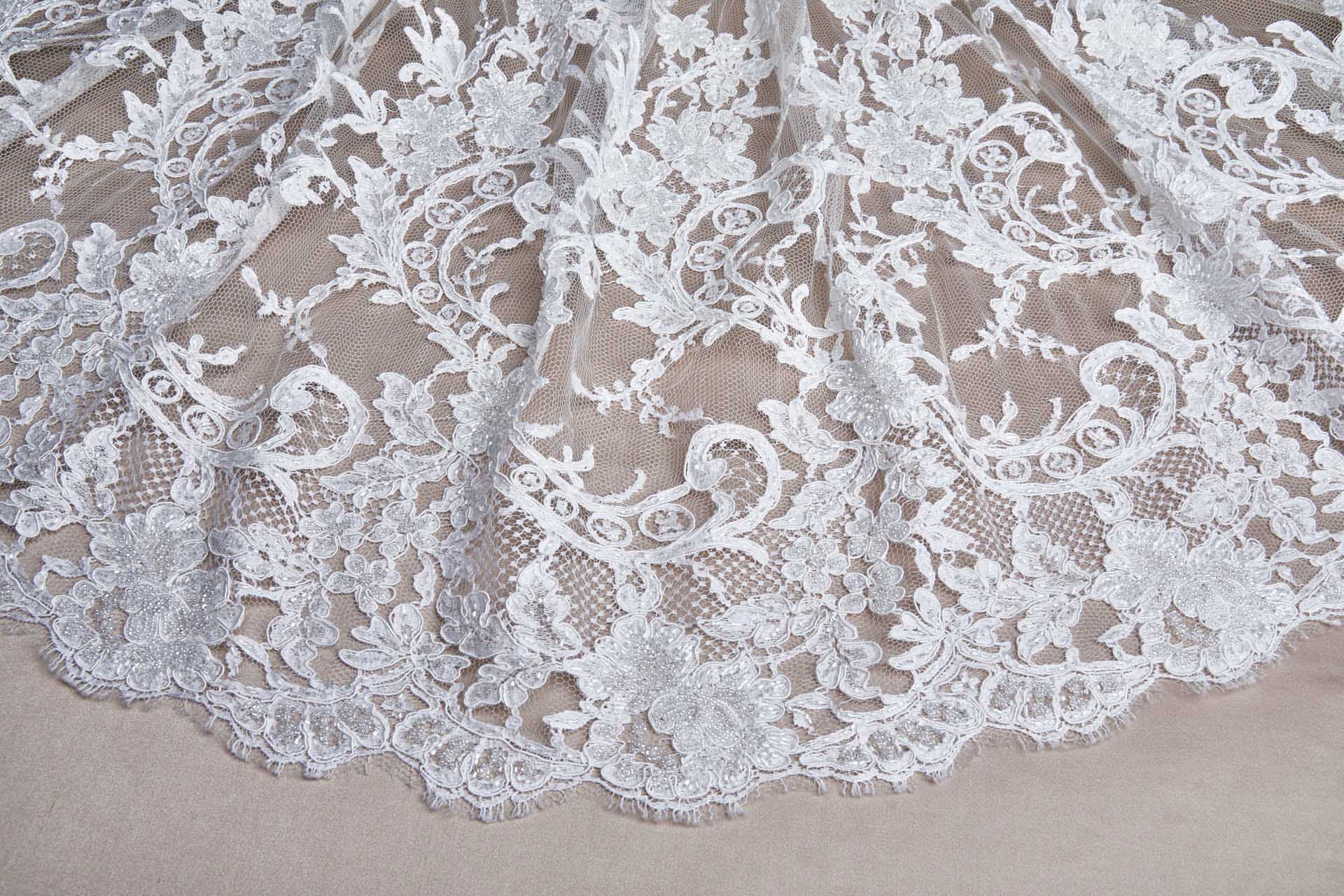 Beaded Corded Scroll Border Leavers Lace - Ivory Double Scallop fabric, image 5 of 14
