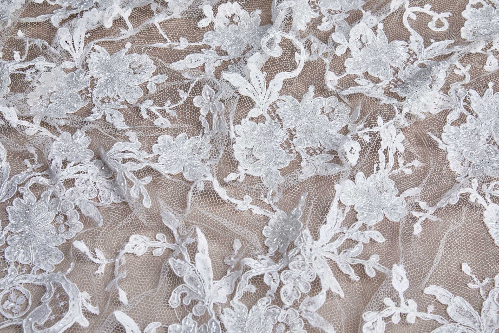 Beaded Corded Scroll Border Leavers Lace - Ivory Double Scallop fabric, image 6 of 14