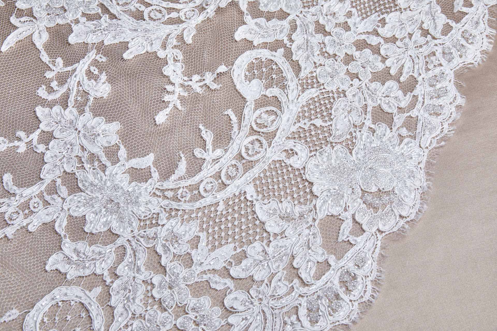 Beaded Corded Scroll Border Leavers Lace - Ivory Double Scallop fabric, image 7 of 14