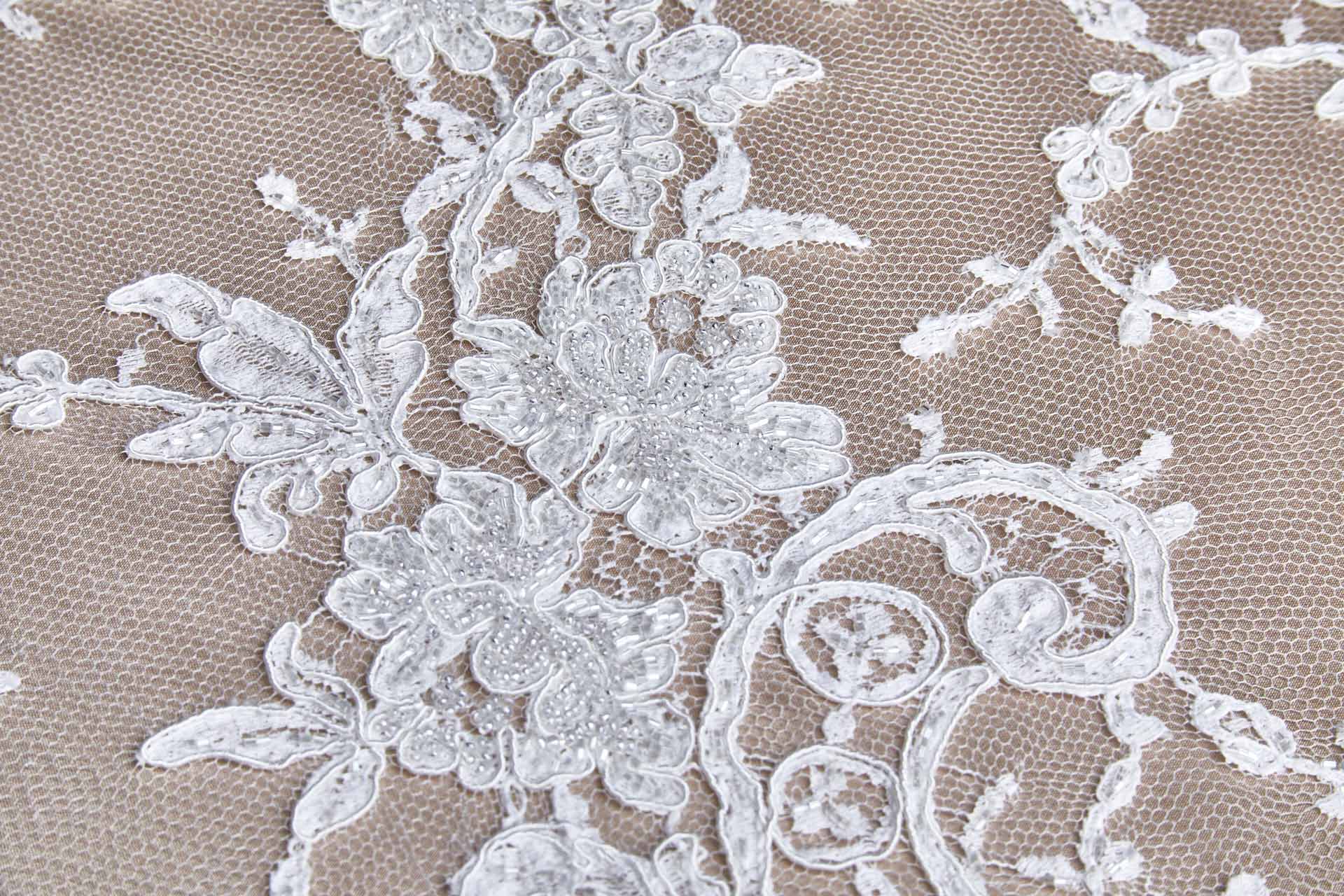 Beaded Corded Scroll Border Leavers Lace - Ivory Double Scallop fabric, image 8 of 14
