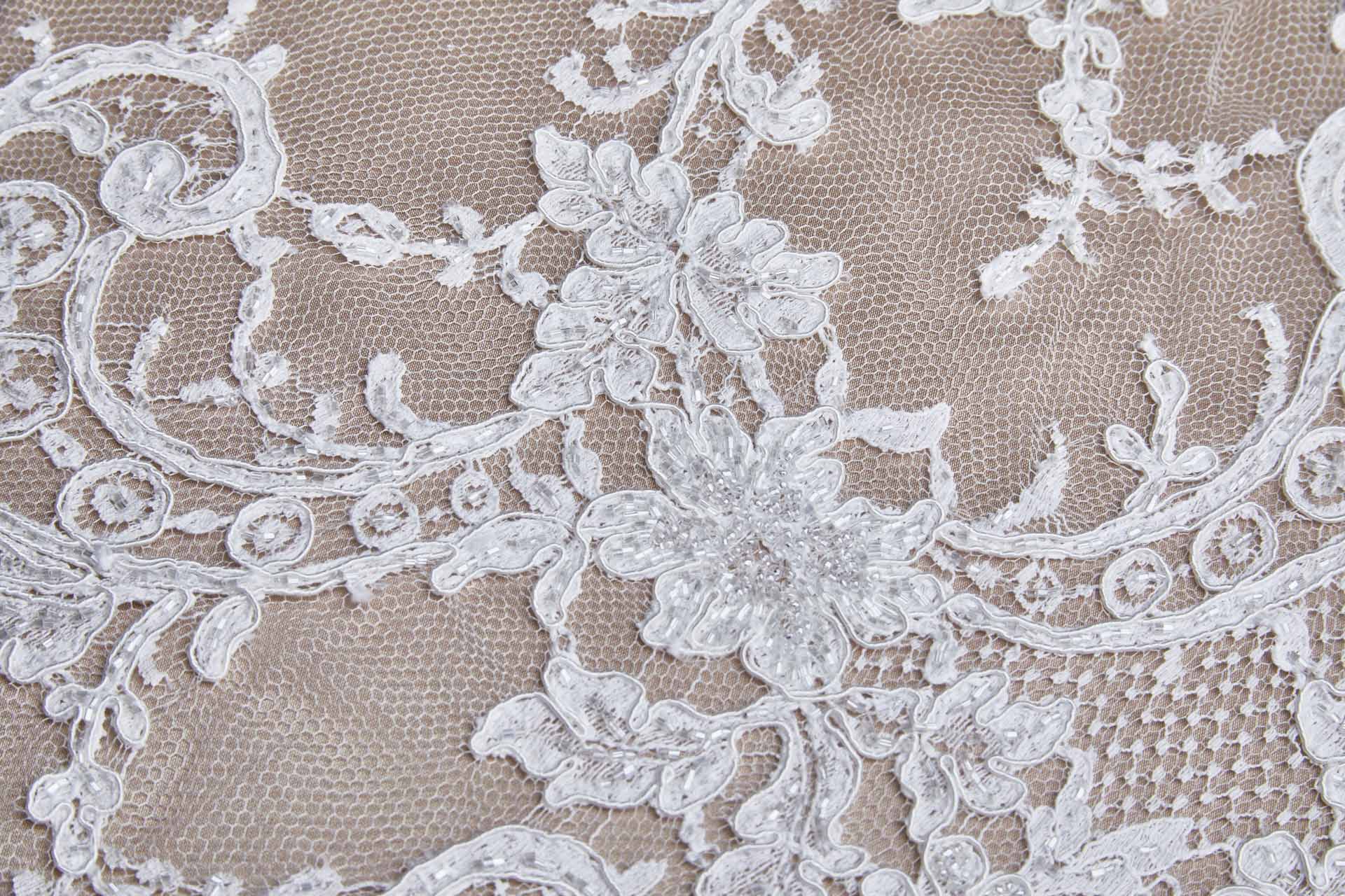 Beaded Corded Scroll Border Leavers Lace - Ivory Double Scallop fabric, image 9 of 14